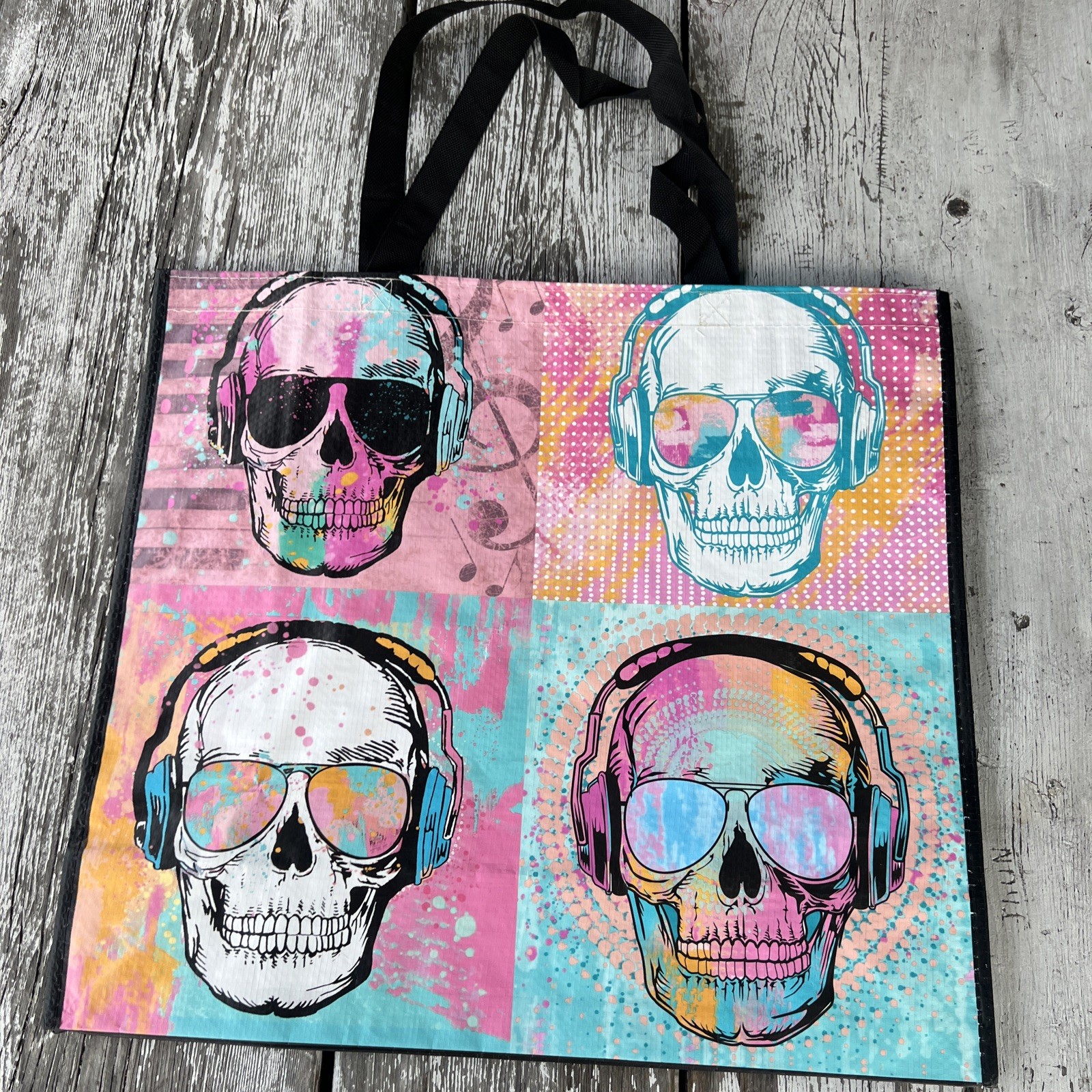 Skulls w/ Headphones POP Art Durable Reusable Grocery Shopping Gift Bag NEW