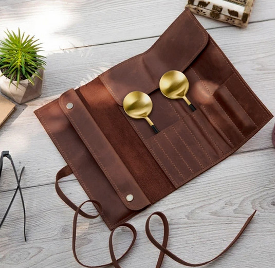 stationery pen pencil tableware Cutlery knife fork bag cow Leather brown Q258