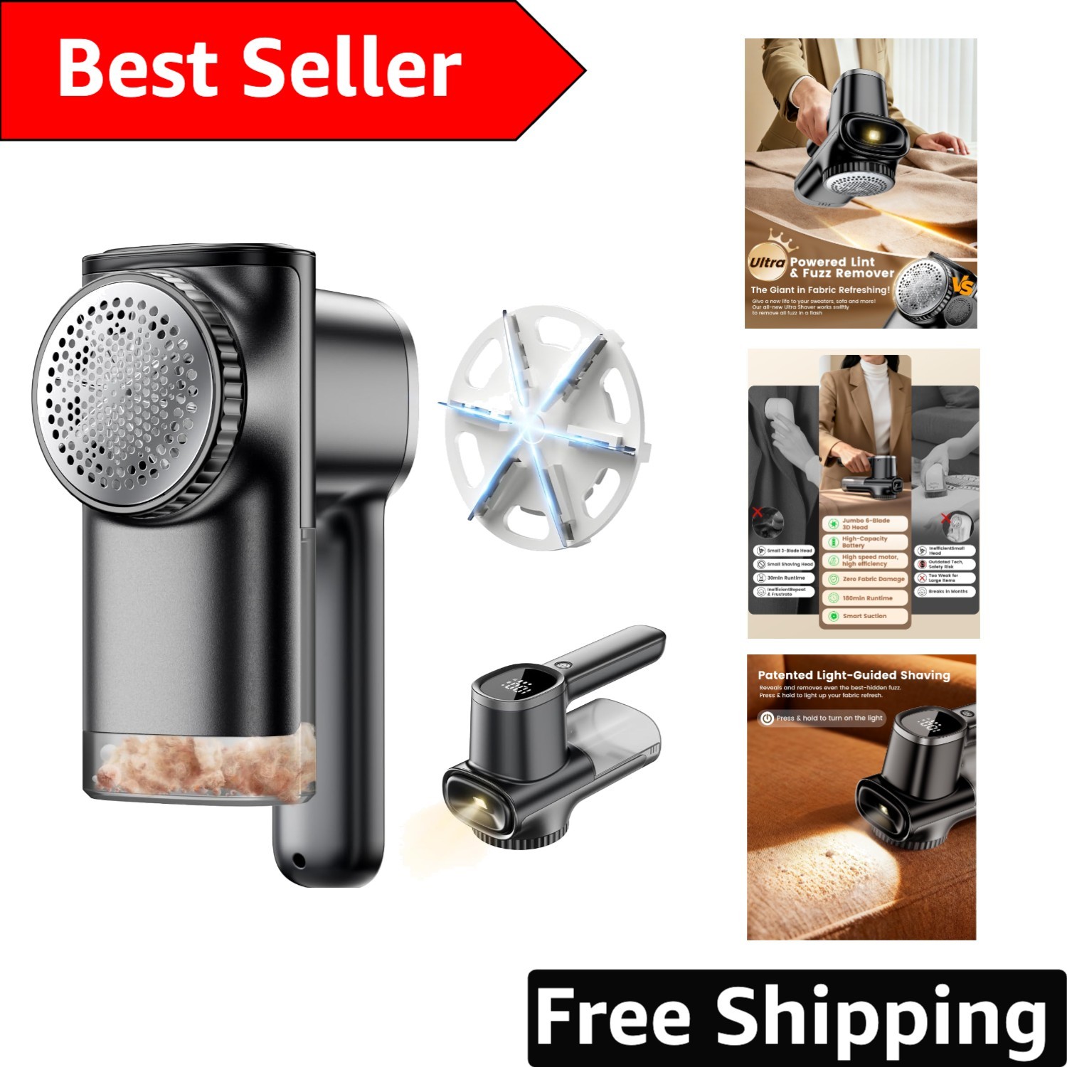 3D 6-Blade Rechargeable Lint Remover with LED Display & 180 Min Runtime
