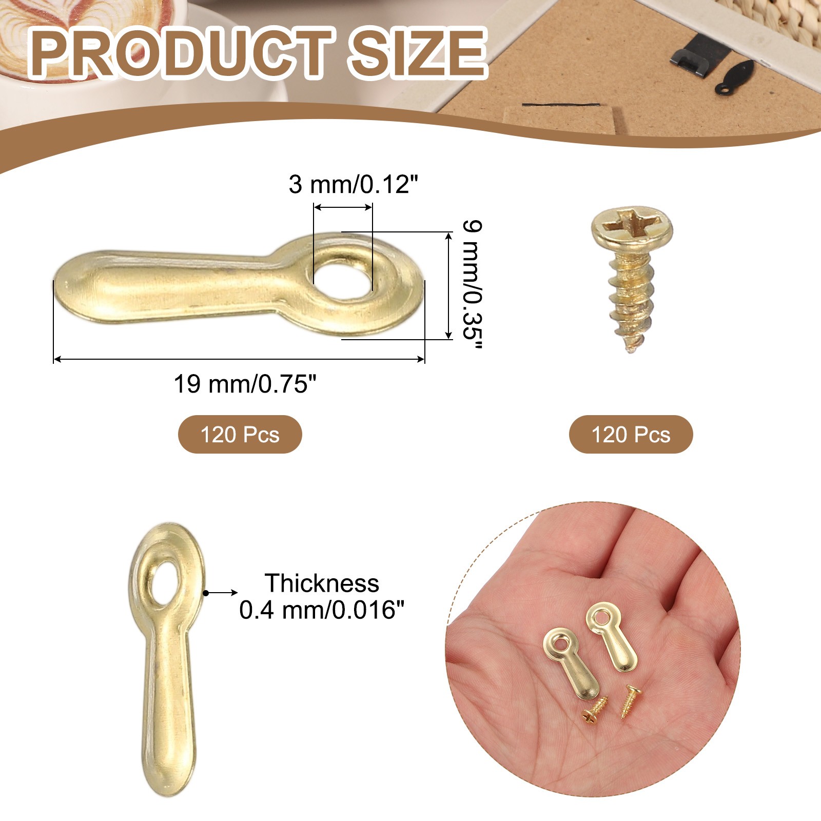 120pcs 0.75″ Picture Frame Backing Clips Hardware with 120pcs Screw Gold,