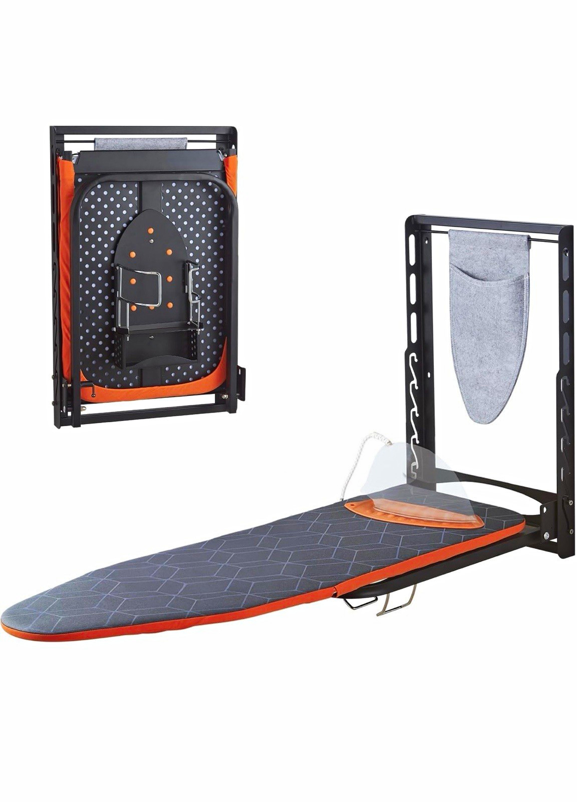 Wall Mounted Foldable Metal Ironing Board 42 x 14 in Gray/Orange/Black Hanging