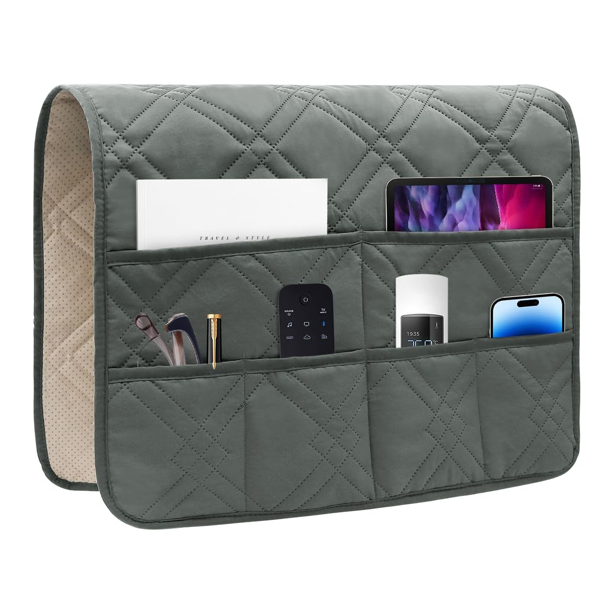 Couch Armrest Organizer Remote Control Holder Bedside Caddy with 6 Pockets, N…