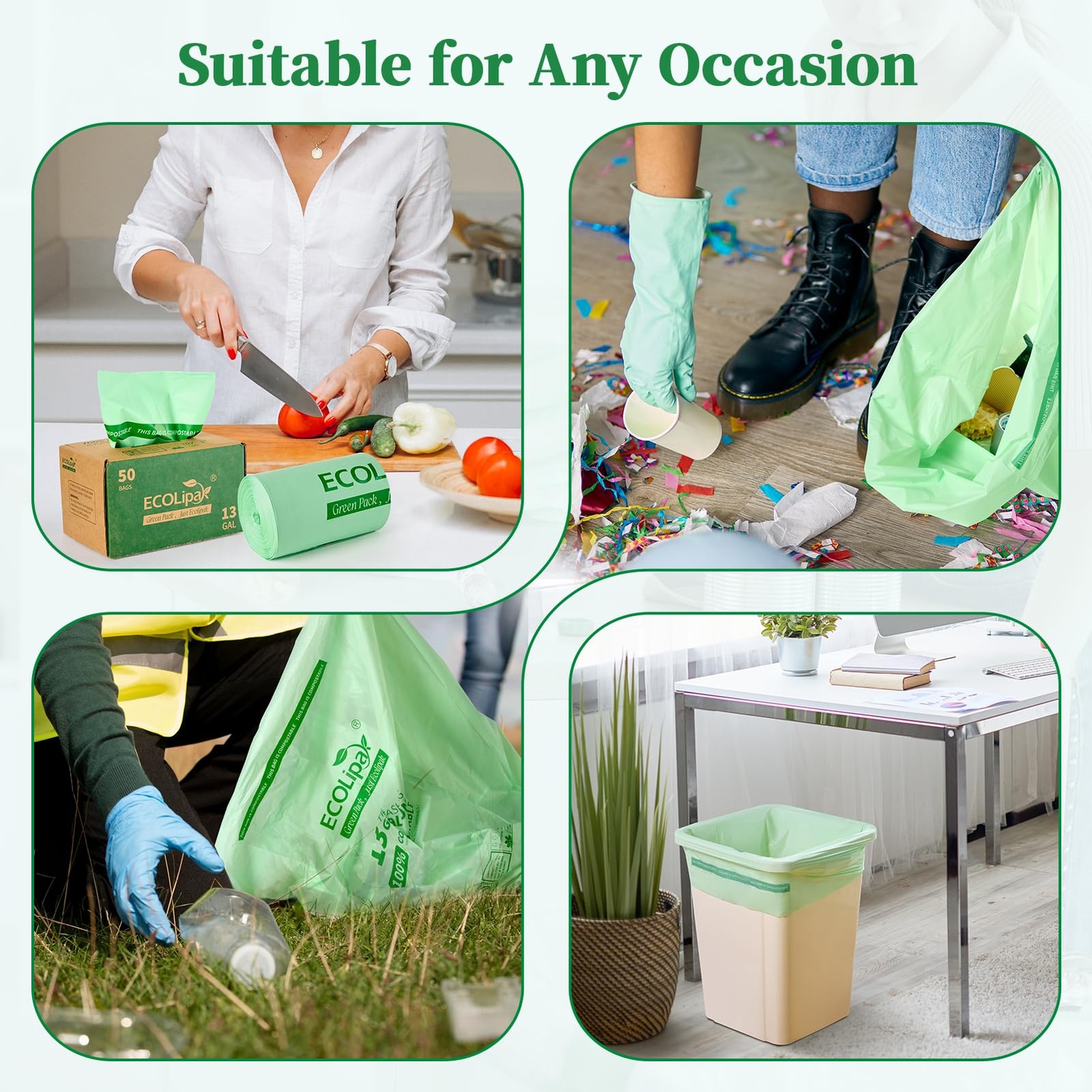 13 Gallon Compostable Trash Garbage Bags, 50 Count (1 Roll) Biodegradable Hea…