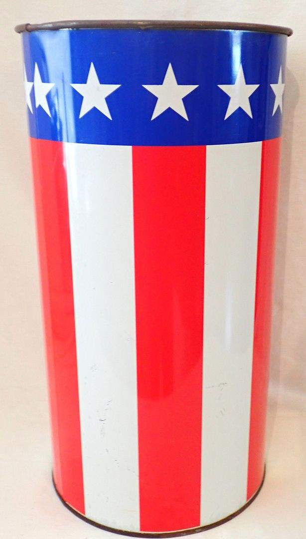 RARE VINTAGE RED WHITE BLUE FLAG STARS STRIPES TRASH CAN WASTEBASKET USA 19 1/2″
