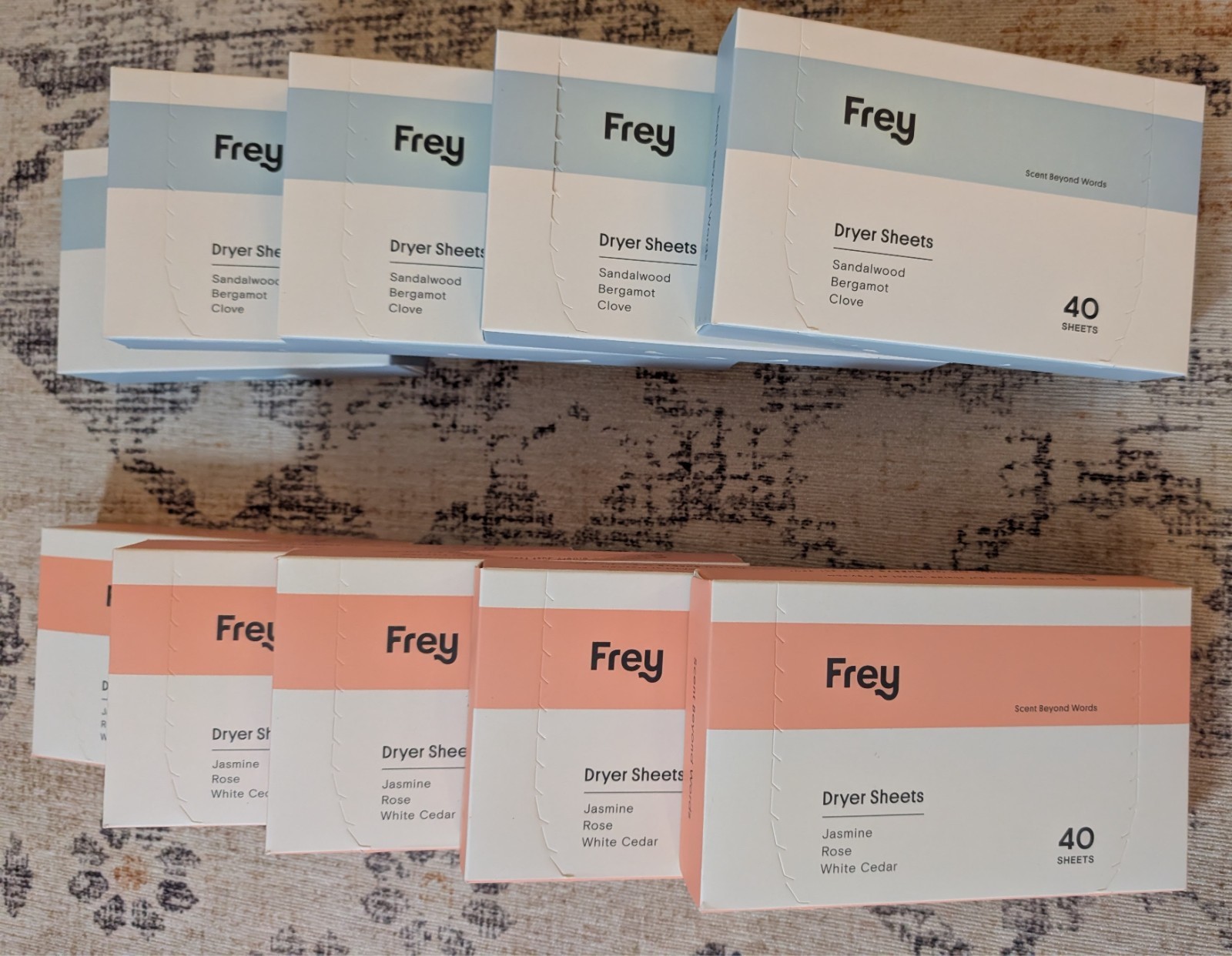 Frey Dryer Sheets Lot 10 Boxes 400 Sheets Sandalwood + Jasmine Rose Or Any Mix