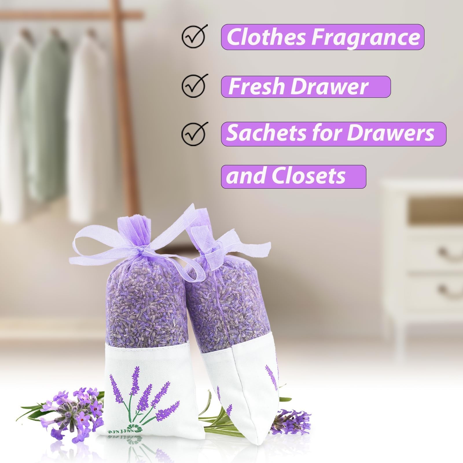 8 Packs Lavender Sachet Bags for Drawers and Closets, Long-Lasting Lavender S…