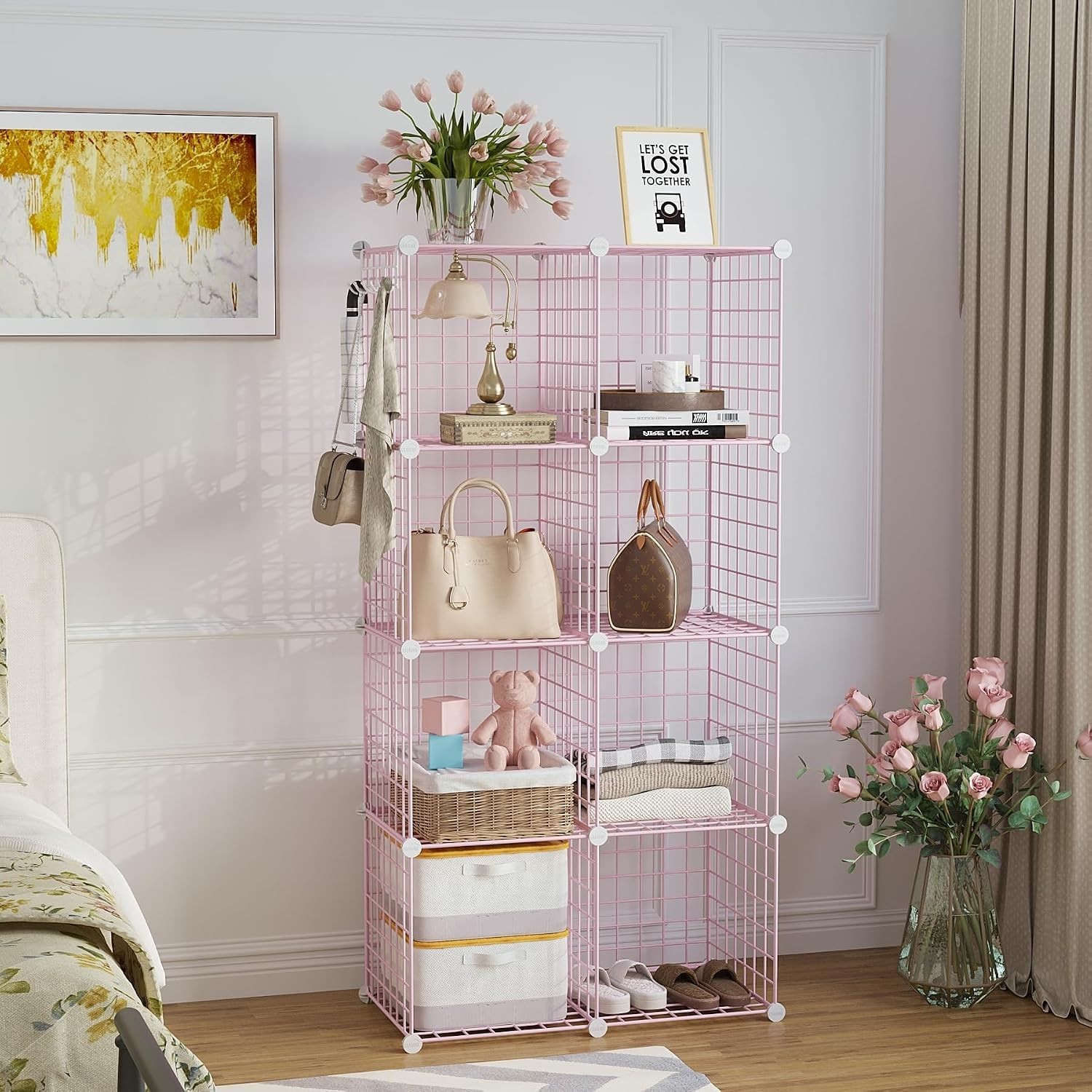Stylish 8-Cube Wire Storage Organizer – Modern Metal Shelving Unit in Pink