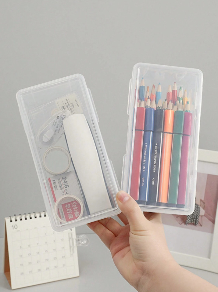1 pc Transparent Large Capacity Plastic Pencil Case for Pens & Crayons Storage