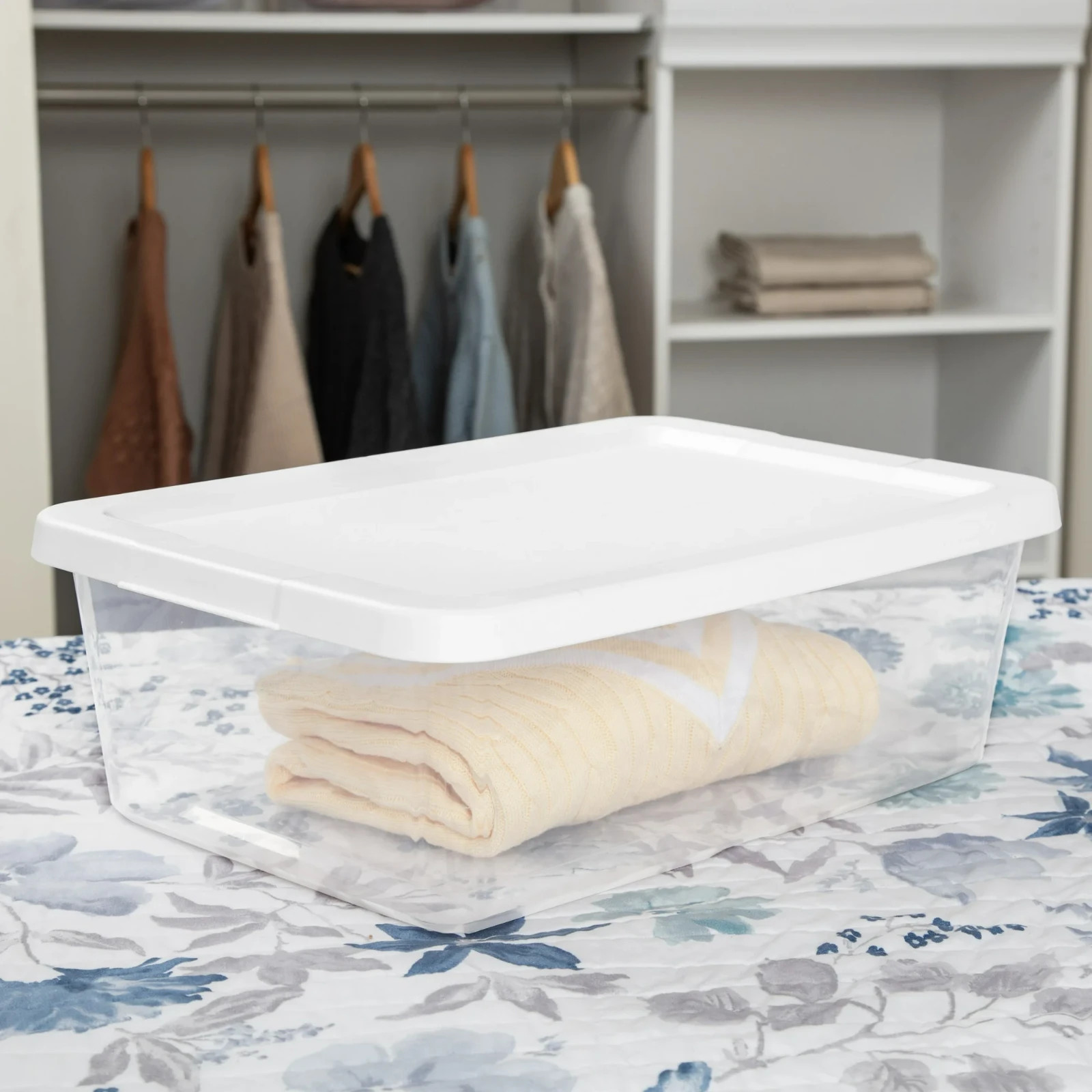 (4) 12 Quart Storage Boxes, Clear Plastic Storage Bin with Snap-On Lid, White