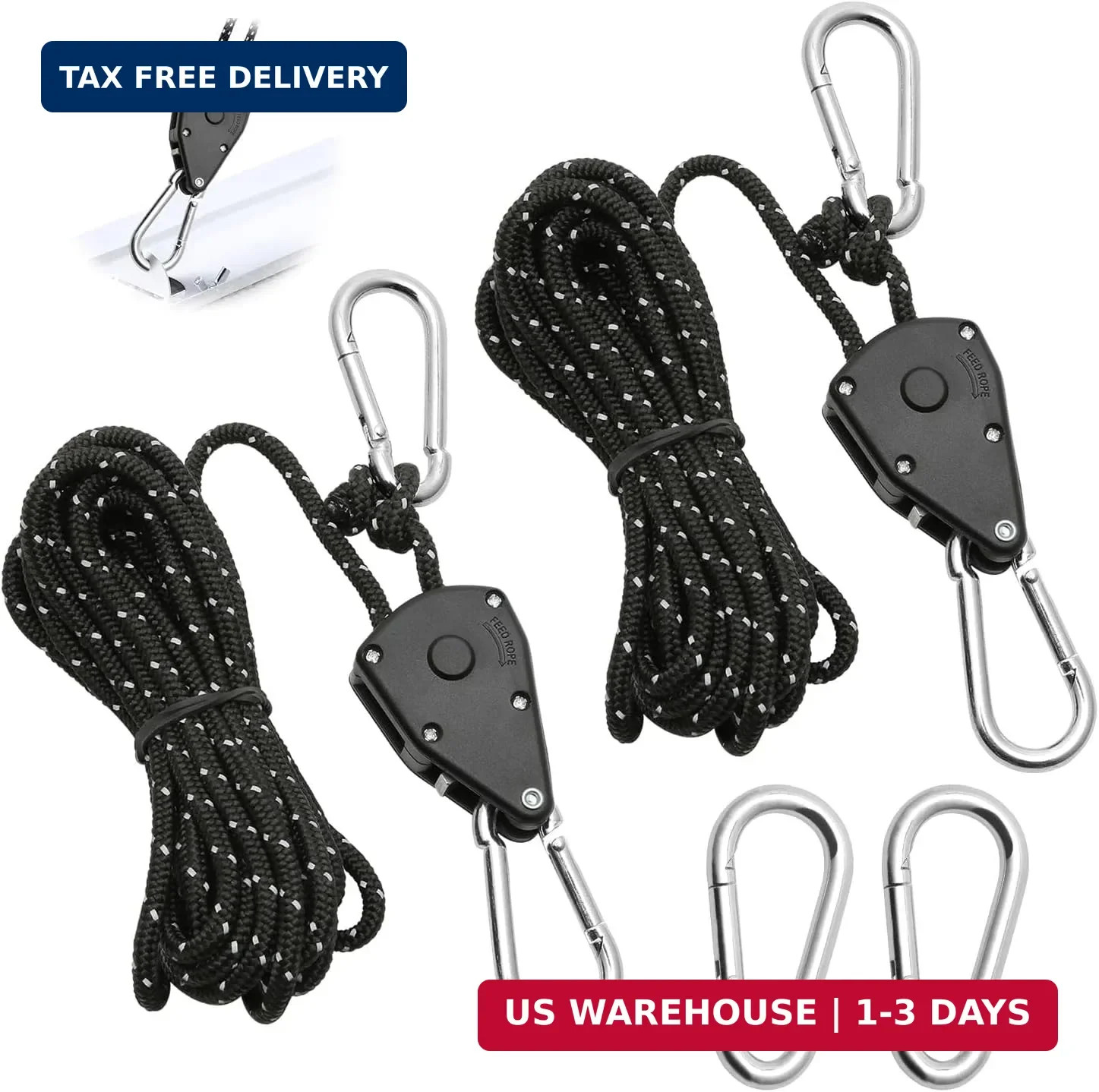 2 Pcs 4M Ratchet Ropes, Grow Lights Ratchet Hangers with 2 Replacement Snap Hook