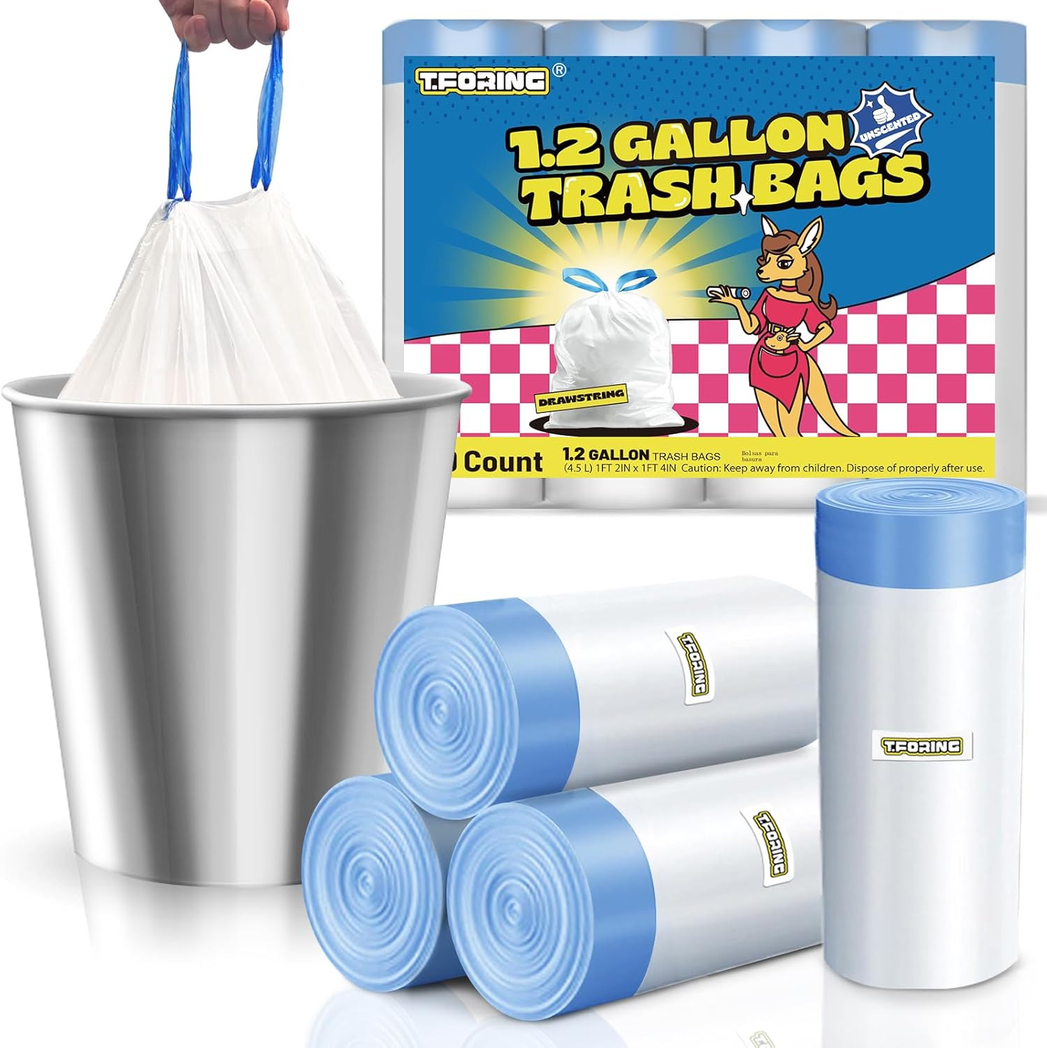 1.2 Gallon Mini Trash Bags Drawstring – 120 Count Thick Small Garbage Bags Unsce