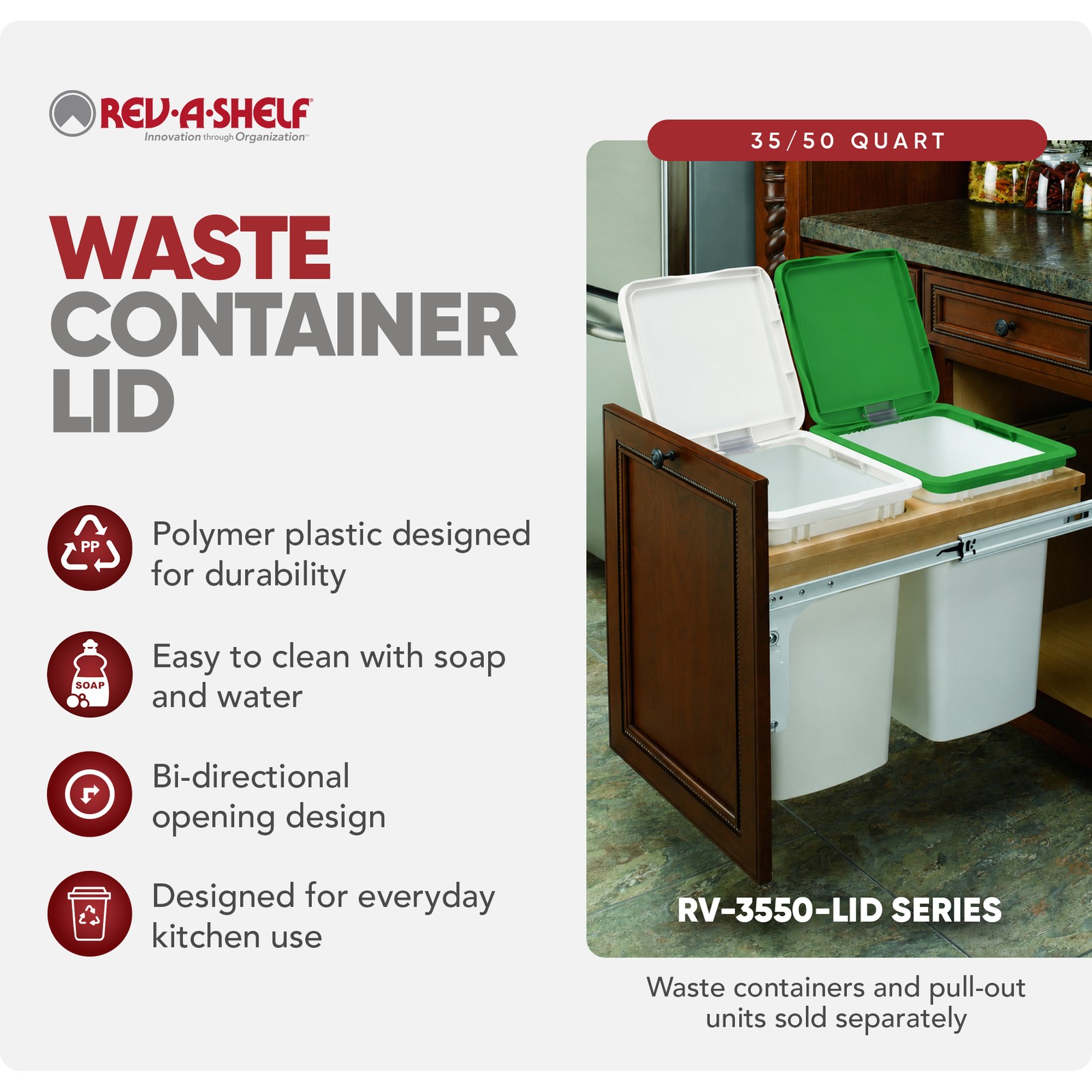 Rev-A-Shelf Kitchen Waste Container & Trash Can Lid, Fits 35 & 50 Qt, Red