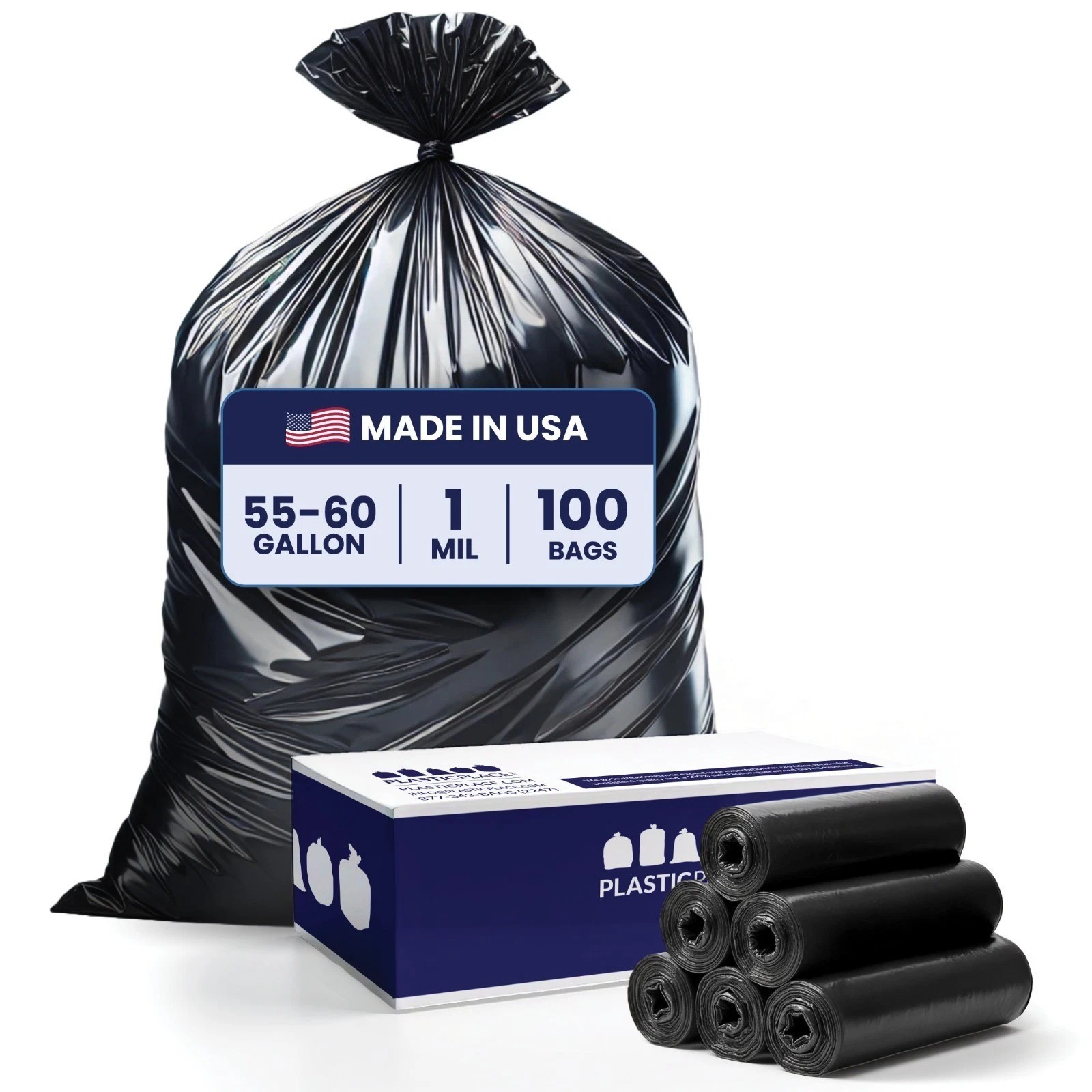 Plasticplace 55-60 Gallon Trash Bags, Black, 1.0 Mil, 100 Count