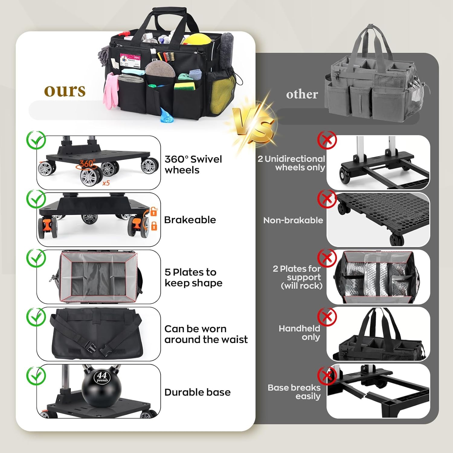 Rolling Cleaning Caddy Bag with Detachable Trolley, Multi-Functional Portable