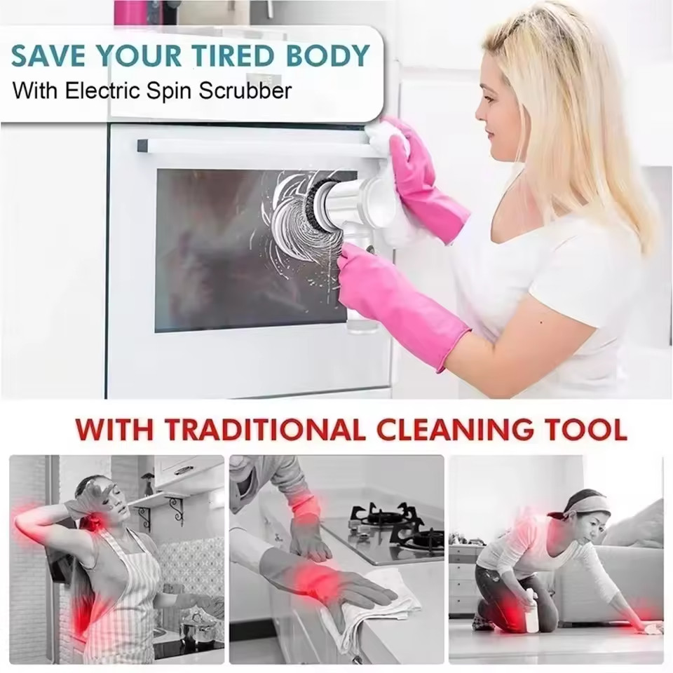 Electric Spin Scrubber Cordless Cleaning Brush Rechargeable 5 Brush Heads