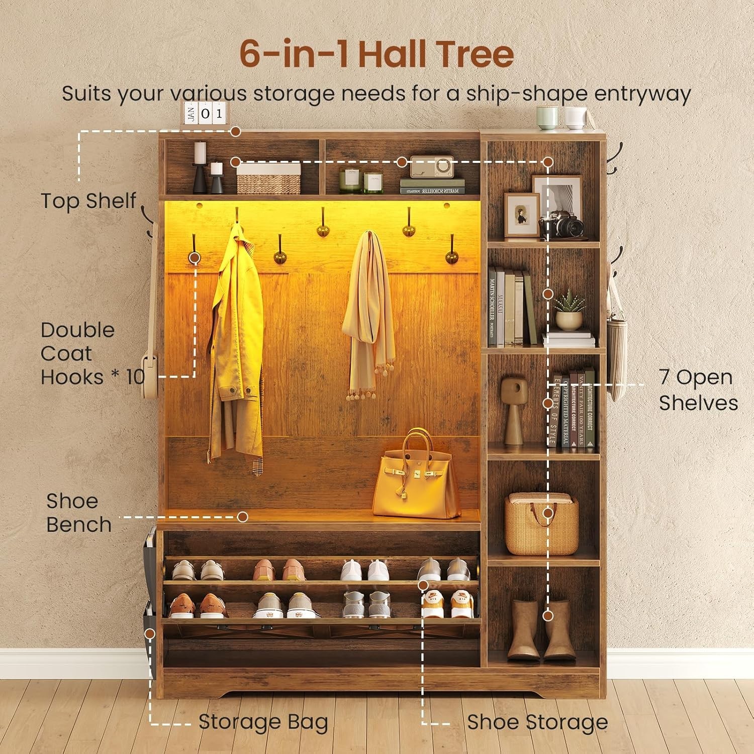 Hall Tree with Shoe Storage, Farmhouse Entryway Bench w/Flip Drawers &Led Lights