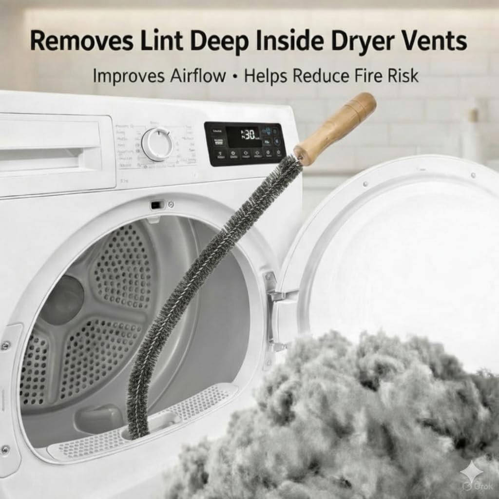 Clothes dryer vent cleaning kit with vacuum hose attachment brush, lint remover