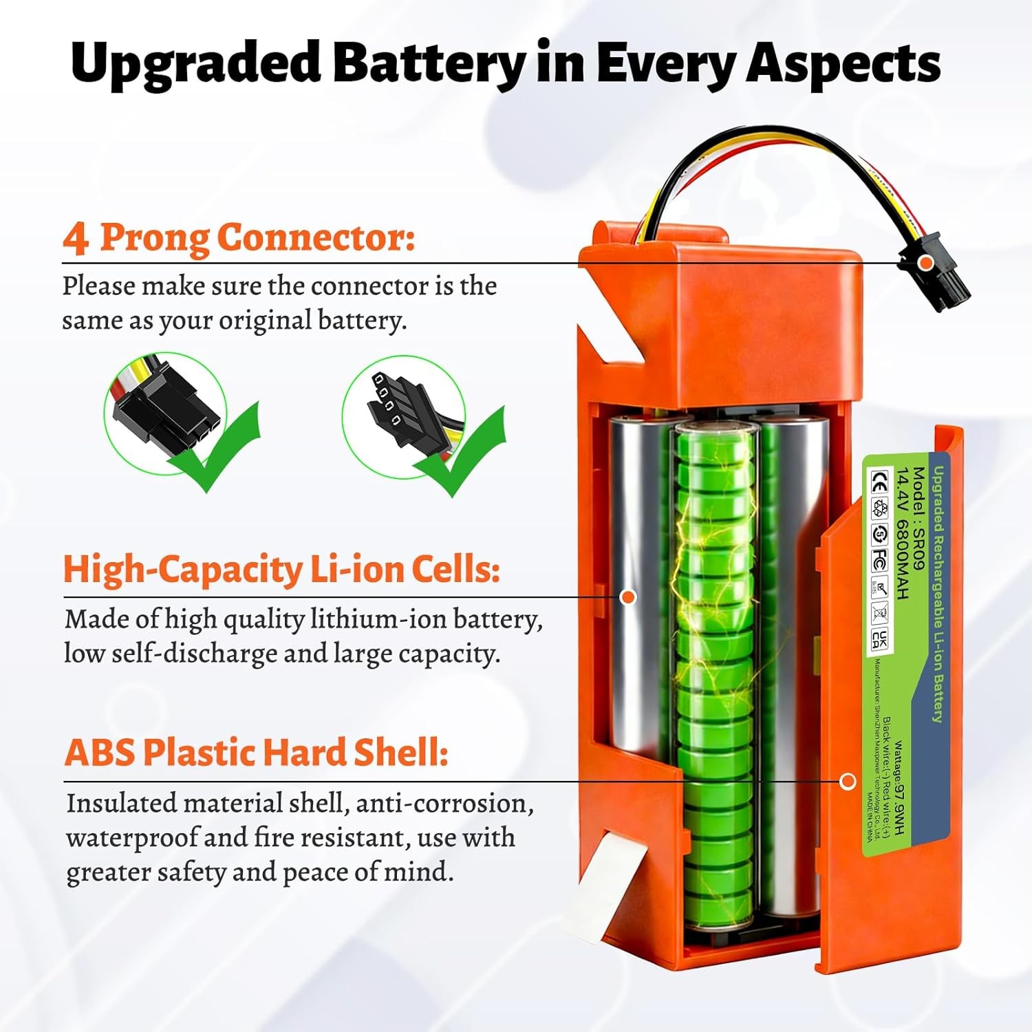 2026 Upgrade 6800mAh 14.4V Li ion Replacement Battery Compatible with Vacuum