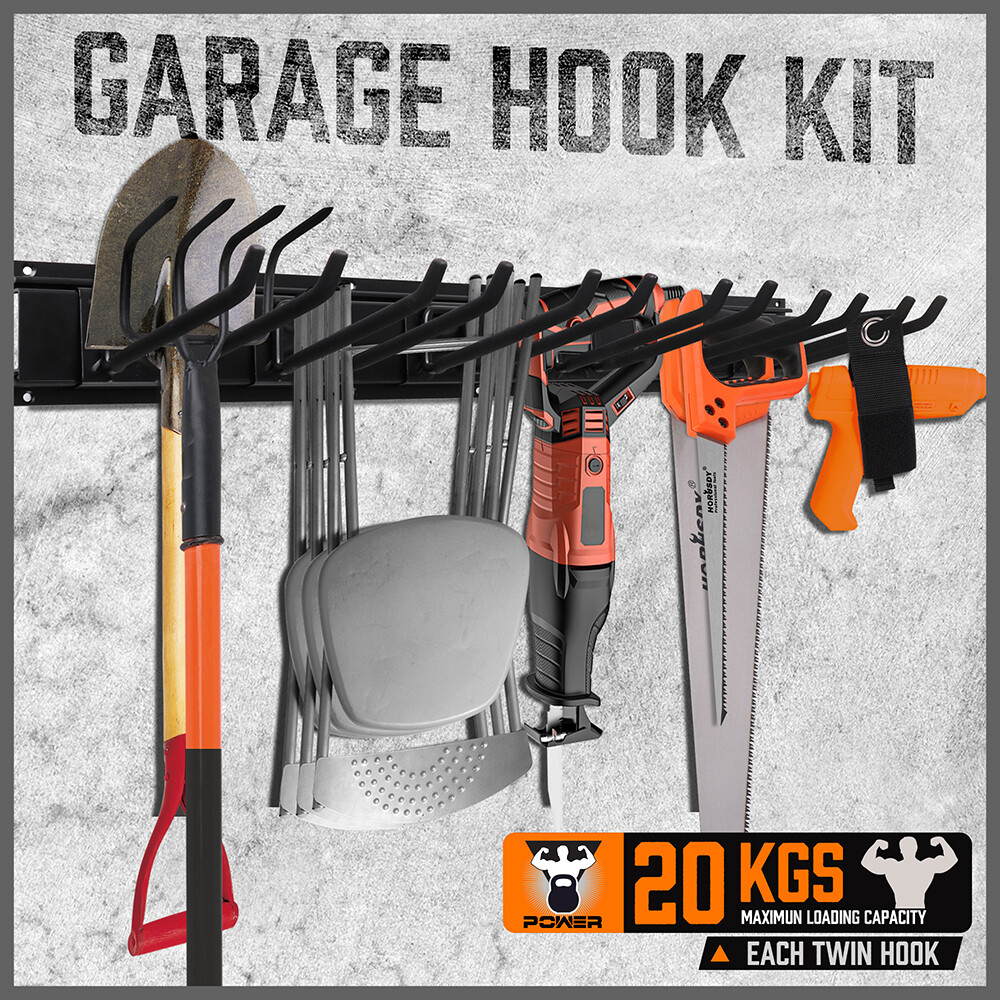 Garage Tool Organization 9pc Double Hooks Holder 64″ Utility Rack Wall Mount