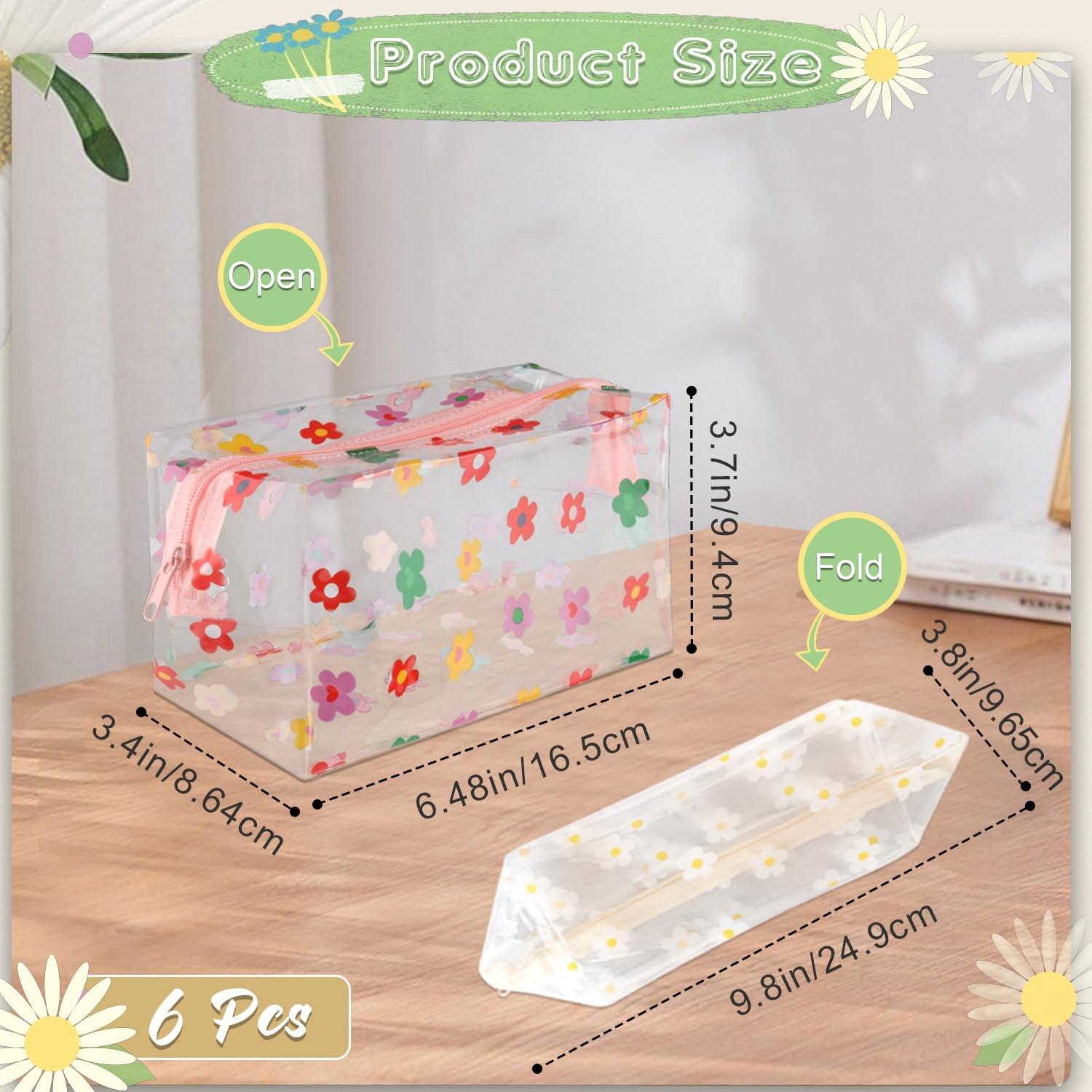 DynnnDy 6 Pcs PVC Flower Toiletries Bags with Zipper 18*9*9cm, white+colorful