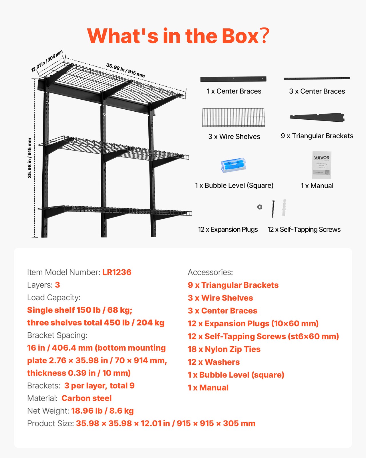 VEVOR 0.9 x 3 ft Garage Wall Shelving 450 lbs Total Wall Mounted Garage Shelving