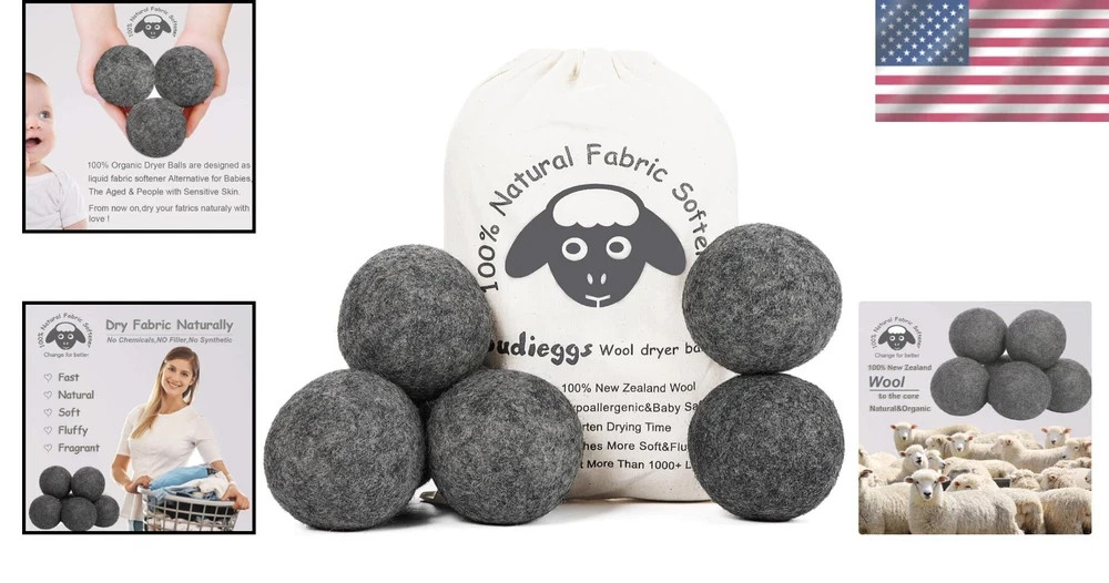 Wool Dryer Balls Dark Grey XL 6-Pack, 100% New Zealand Organic Fabric Softener f