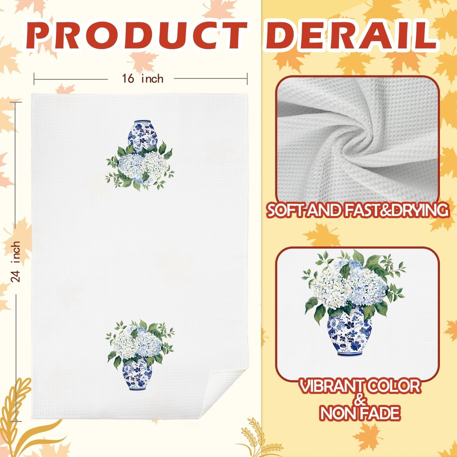 Blue and white Hydrangea Chinoiserie Kitchen Towels, Blue Floral Dish Towels for