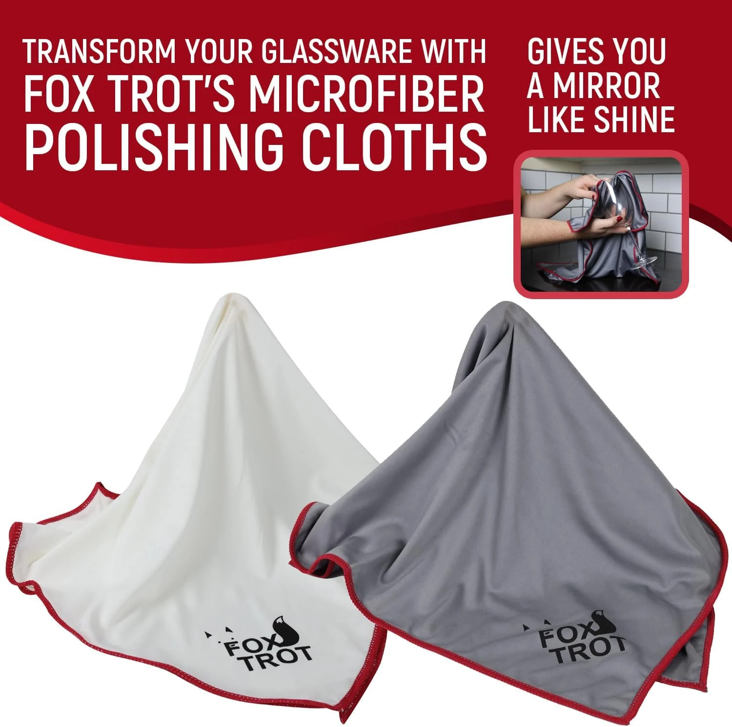Fox Trot Large Microfiber Polishing Cloths (2 Pack White | Gray) | Streak Free,