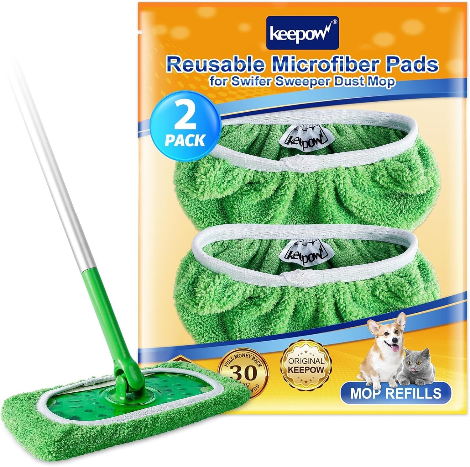 KEEPOW Reusable Microfiber Mop Pads for Swiffer Sweeper Mop, – 2 Pack
