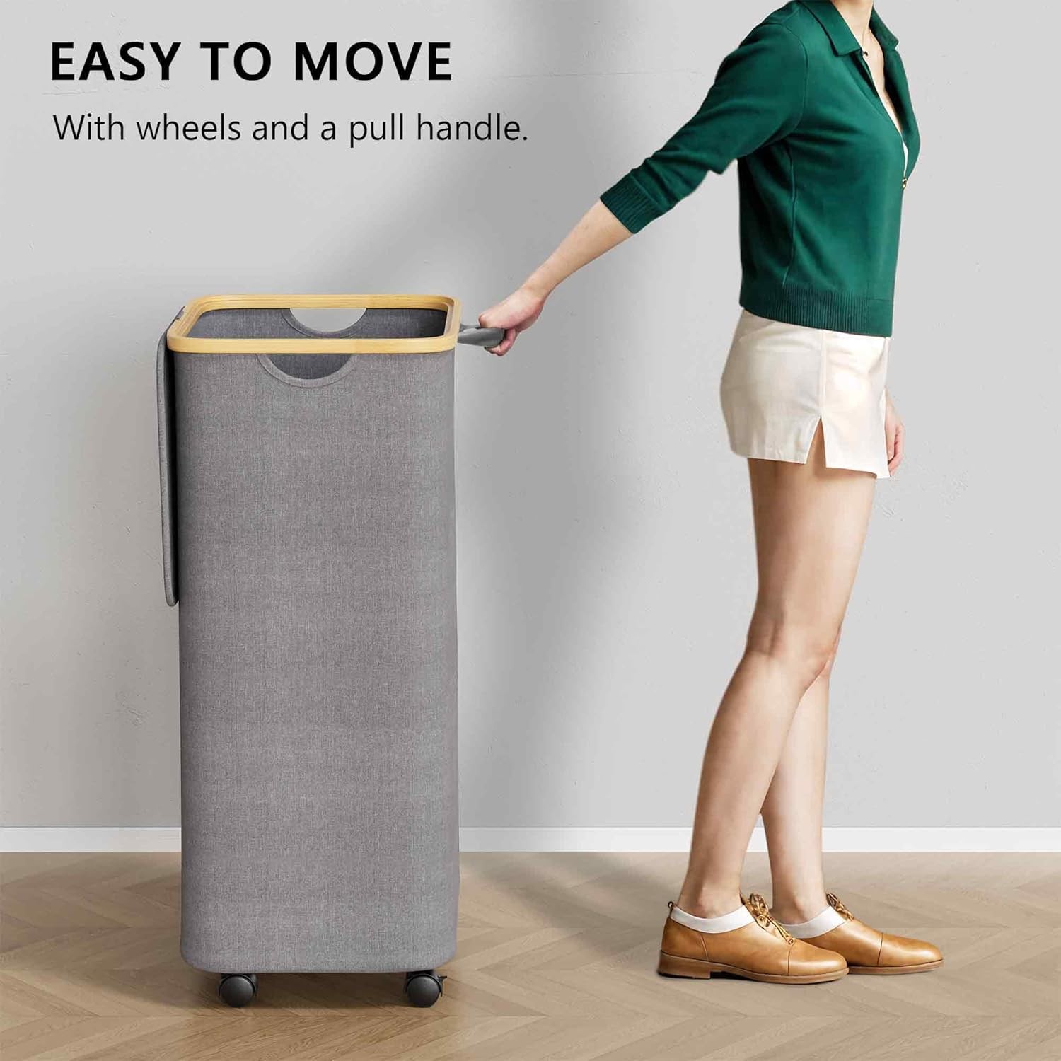 Wheeled Laundry Hamper with Lid, 100L Large Grey Clothes Basket Bamboo Handles