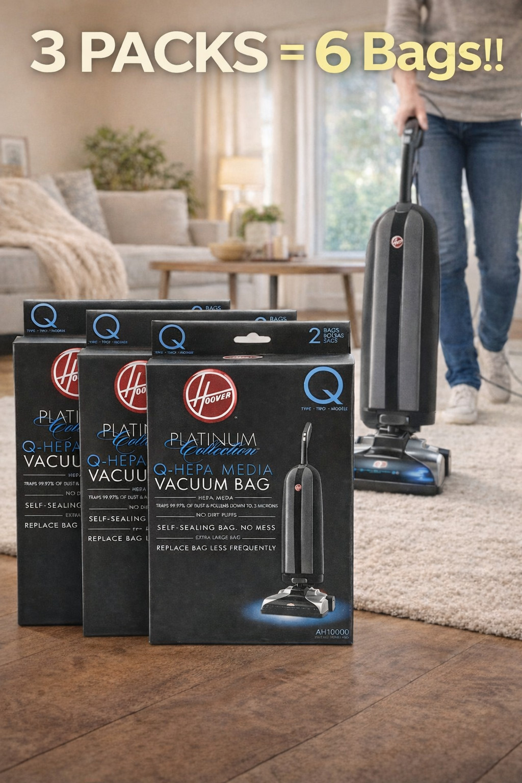 3 Packs Hoover Platinum Q HEPA Vacuum Cleaner Bags Type Q 6 Bags Total AH10000