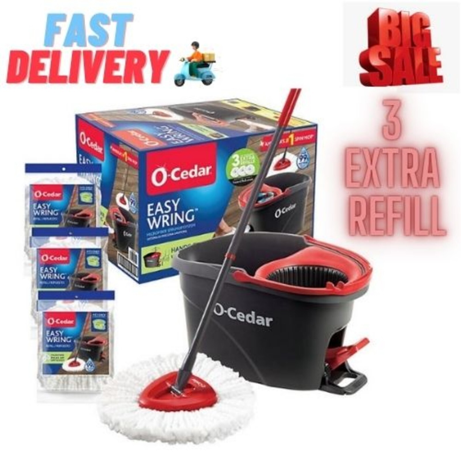 O-Cedar EasyWring Spin Mop & Bucket System with 3 Refills, New.