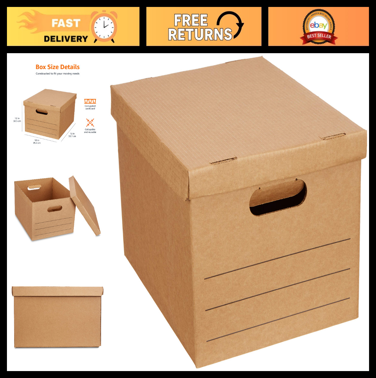 Moving & Storage Boxes with Handles, Lift-Off Lids, Collapsible, 15x10x12 in, 20
