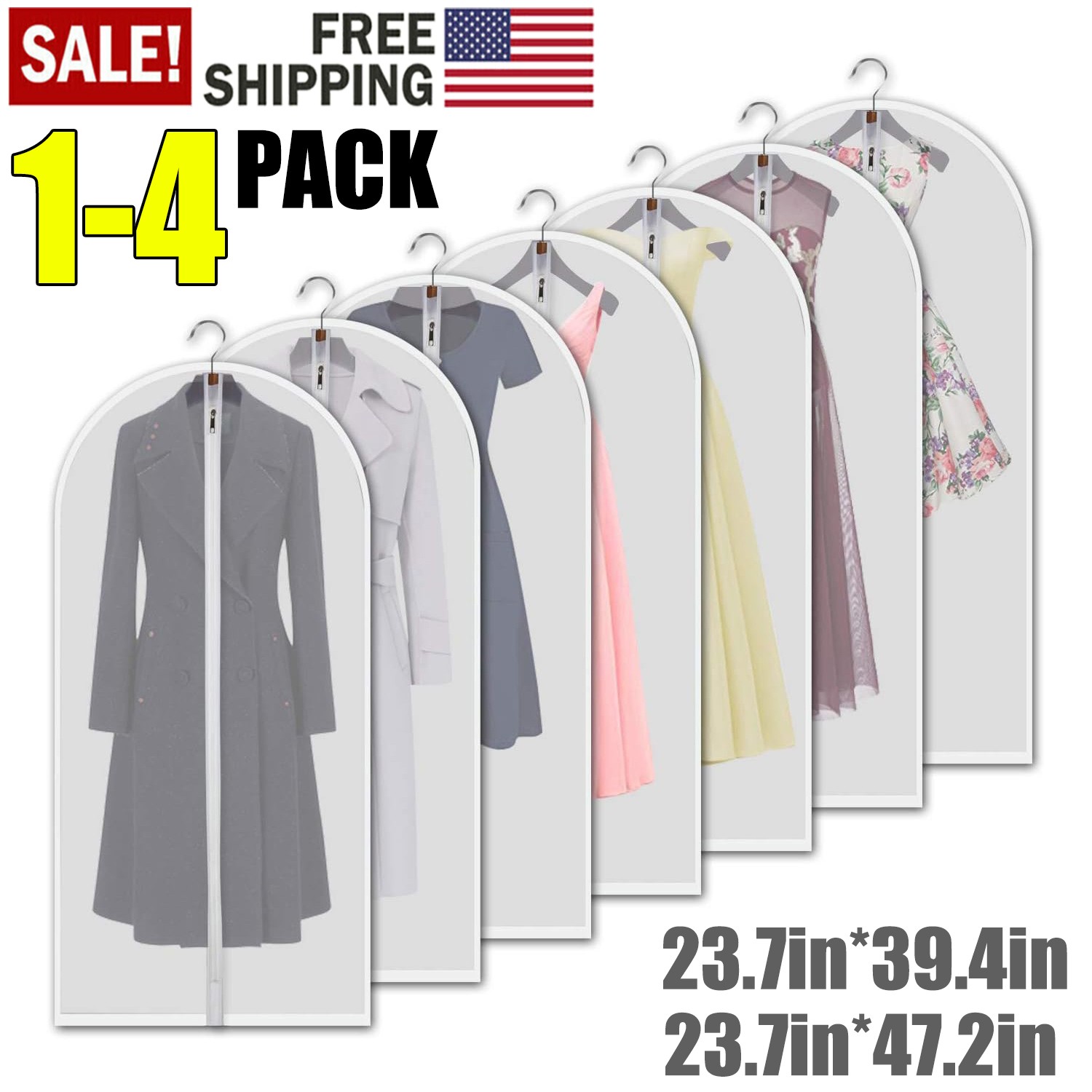 4Pcs Clothes Coat Protect Garment Cover Bags Suit Storage Bags Zipper Dress USA