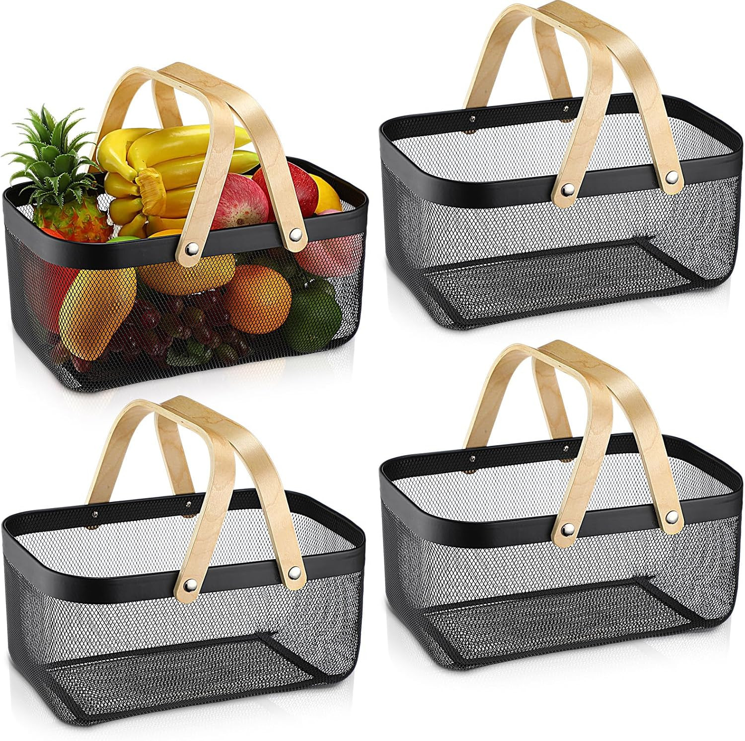 4 Pcs Black Metal Wire Storage Basket with Handle Mesh Harvest Durable Vegetable