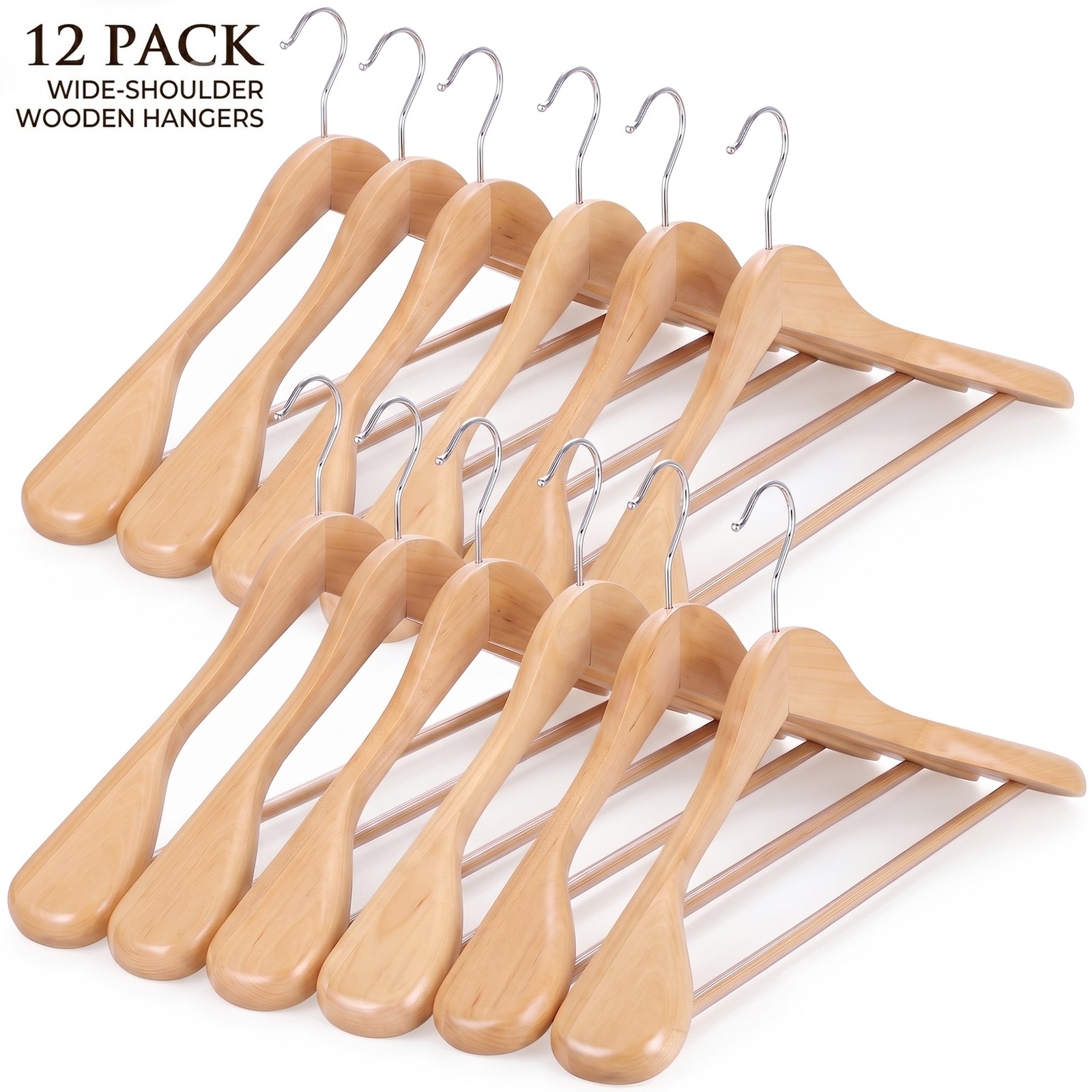 Premium Wooden Hangers 12 Pack Wide Shoulder Suit Coat Hanger w/ 360 Swivel Hook