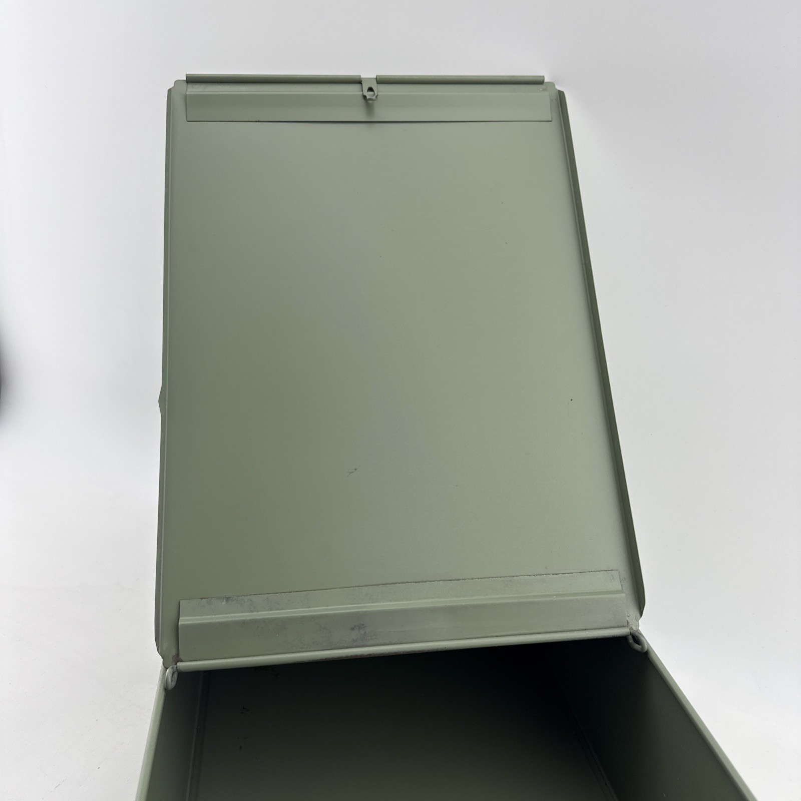 Vintage X-10 Light Green Metal Storage Box 21.5x10x5 Slide Lid