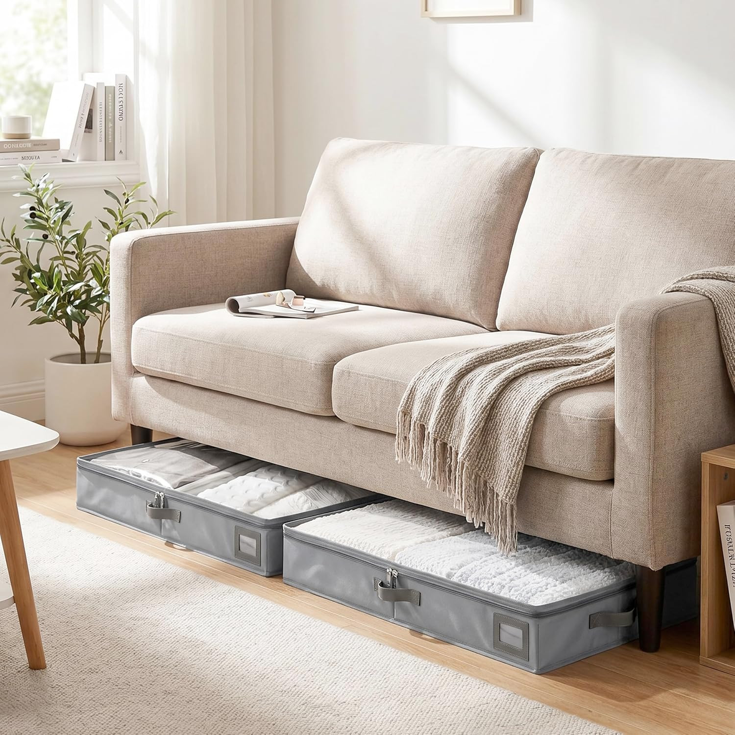 4″ Low Profile under Bed Storage Bins (2-Pack, Grey), Slim 600D Oxford Fabric Cl