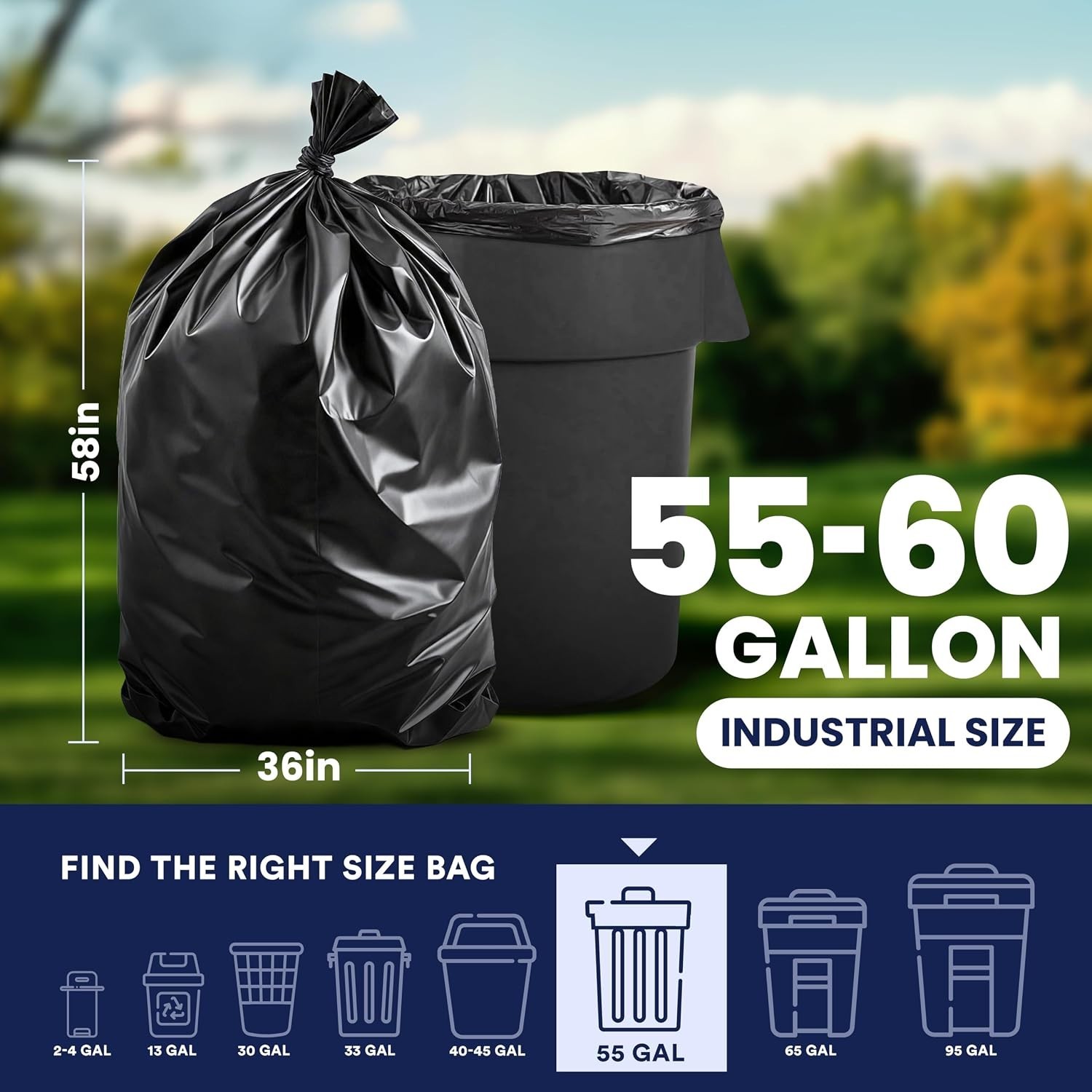 Plasticplace 55-60 Gallon Trash Bags, Black, 2.0 Mil, 100 Count