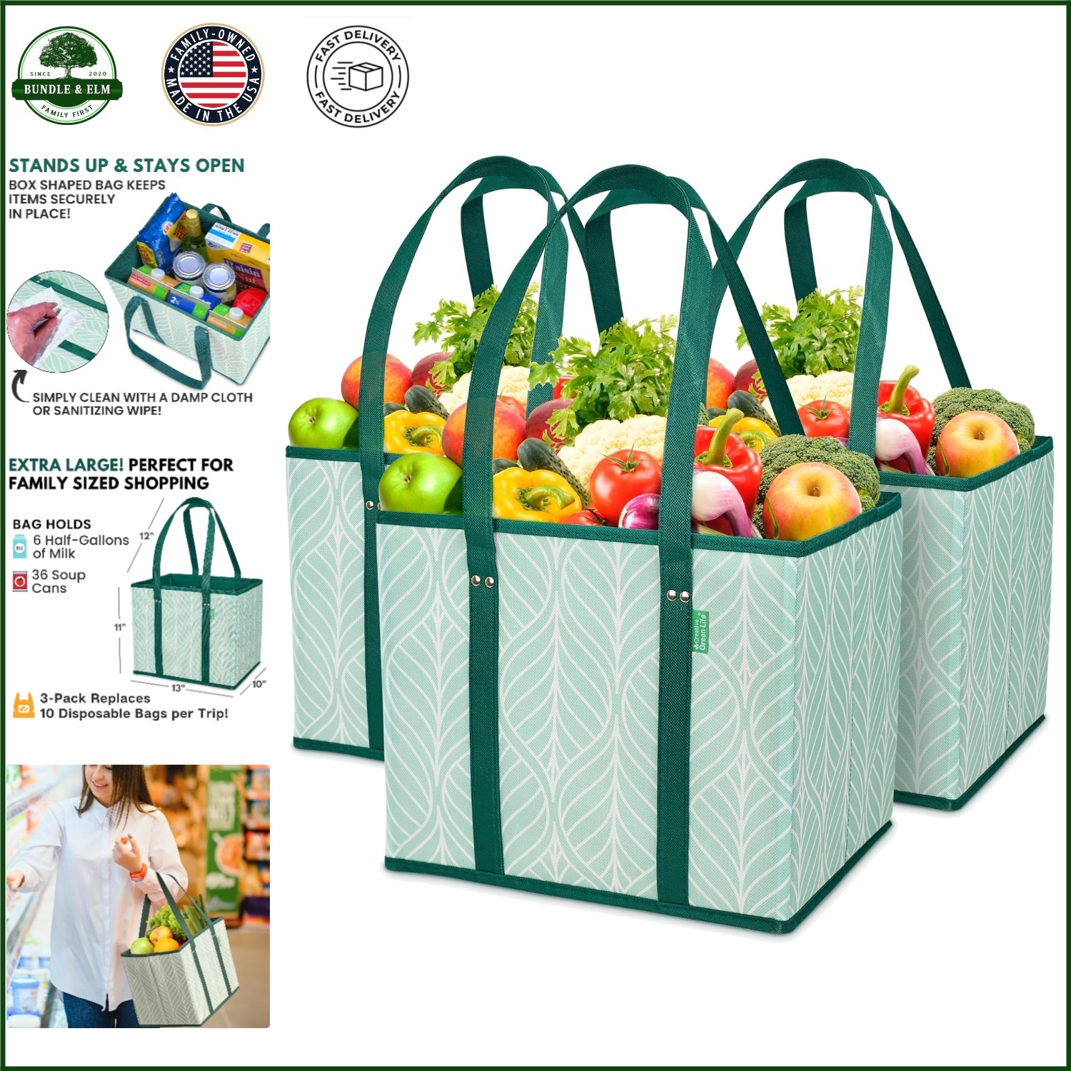 Reusable Canvas Grocery Bags with Triple Layer Design for Strength & Durability
