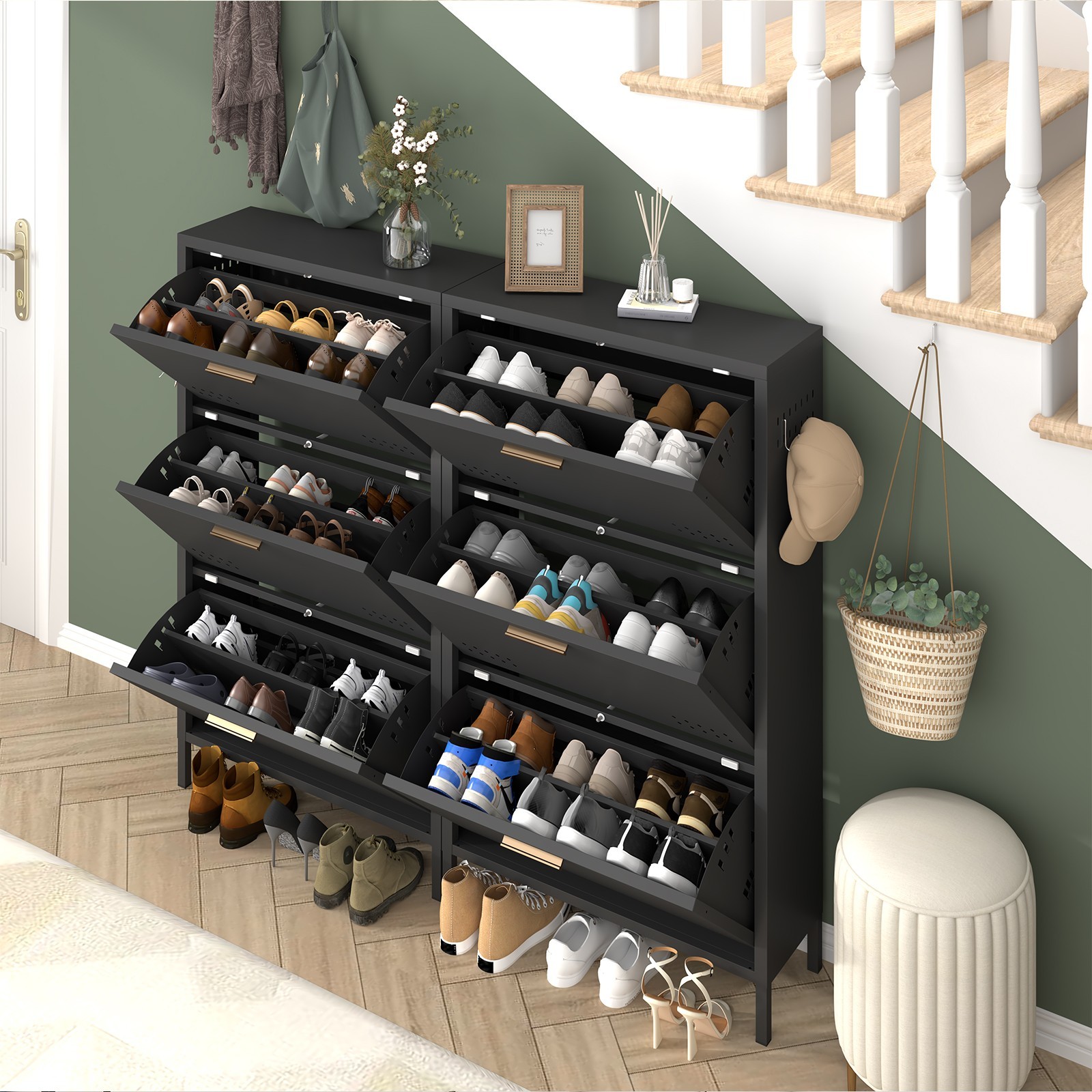 Shoe Cabinet with 3 Flip Drawers, Hidden Metal Shoe Cabinet for Entryway Hallway