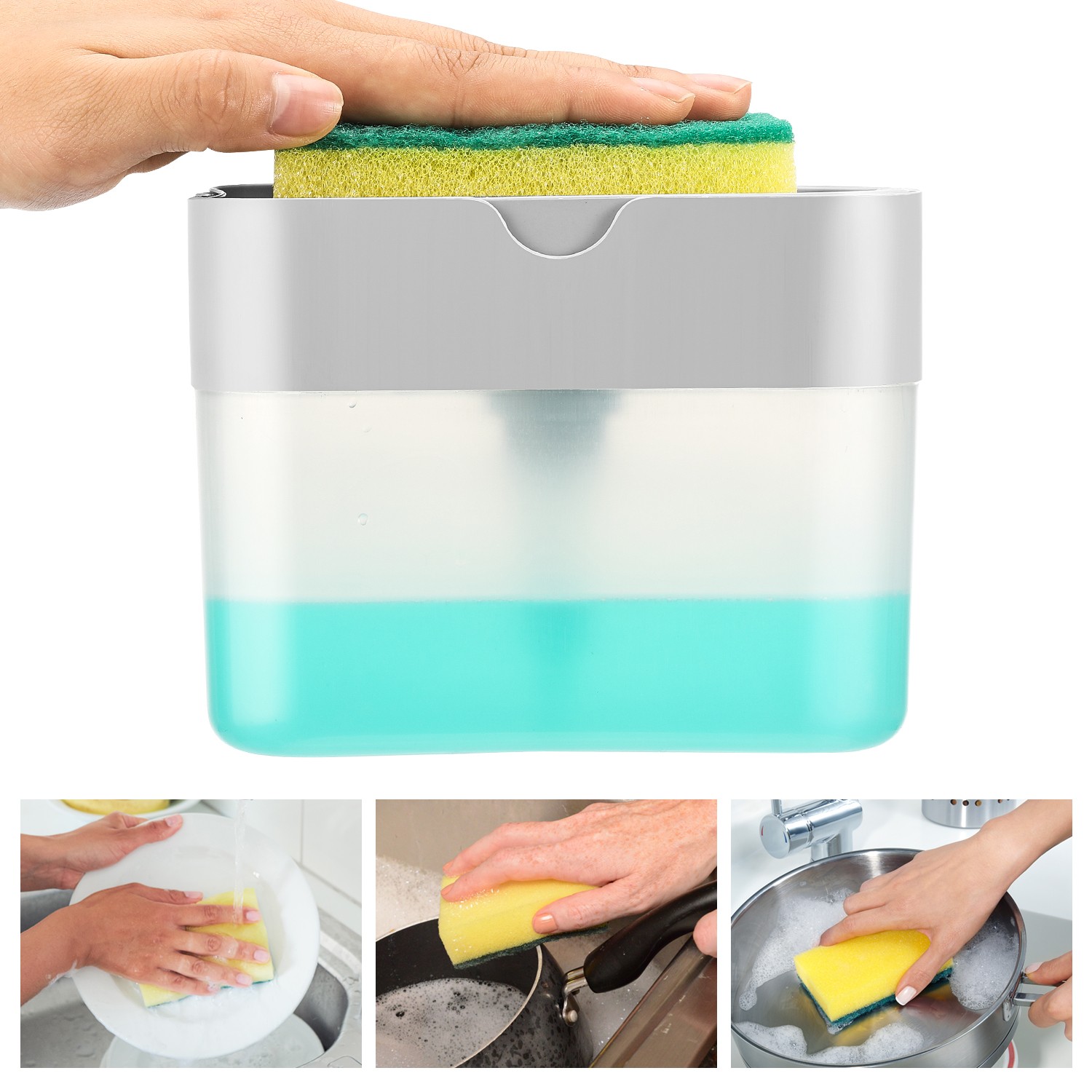 2-in-1 Kitchen Dish Soap Dispenser with Sponge Holder ABS Sink Organizer Rack x1