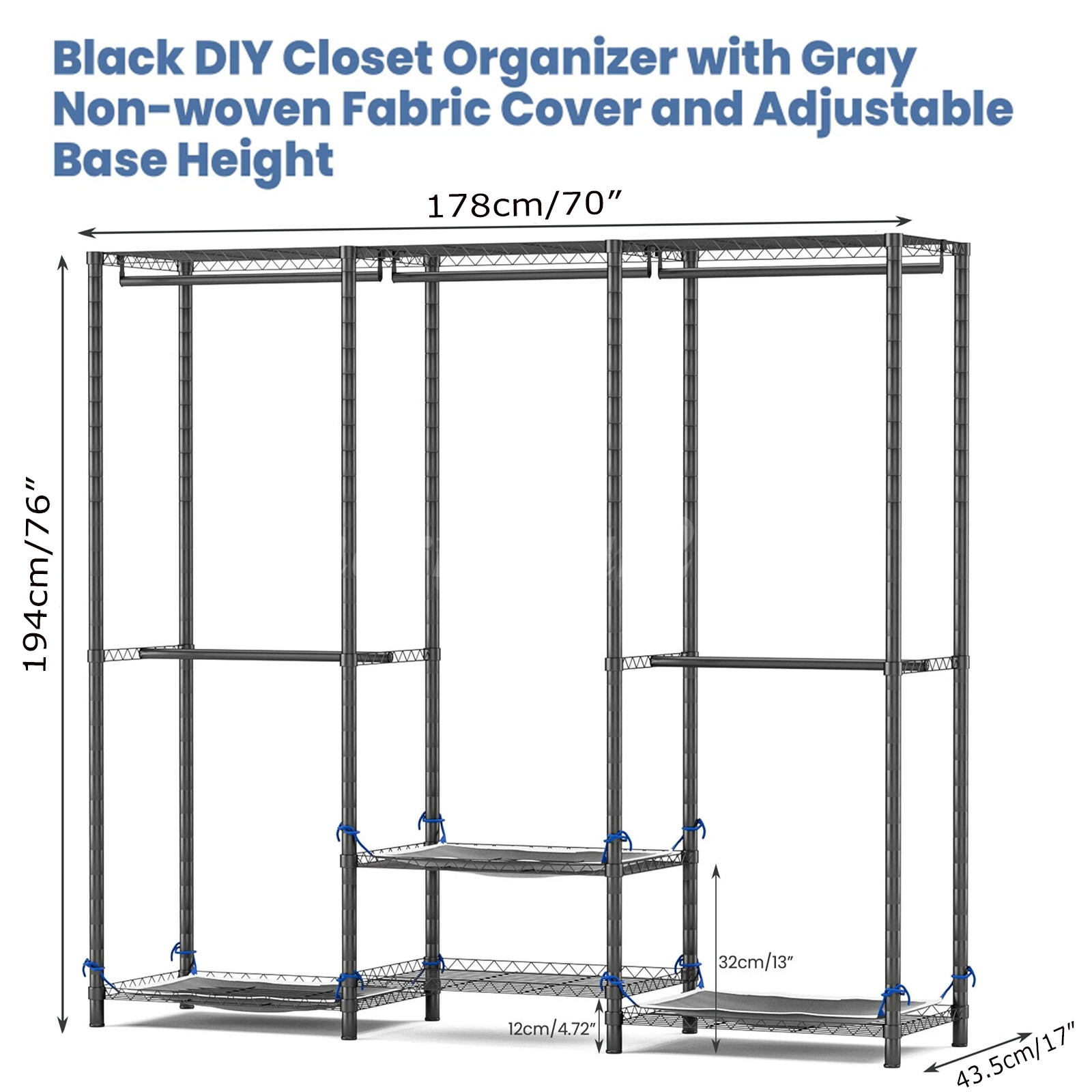 960 LBS Portable Wardrobe Closet Clothes Rack Storage Organizer with Cover Grey