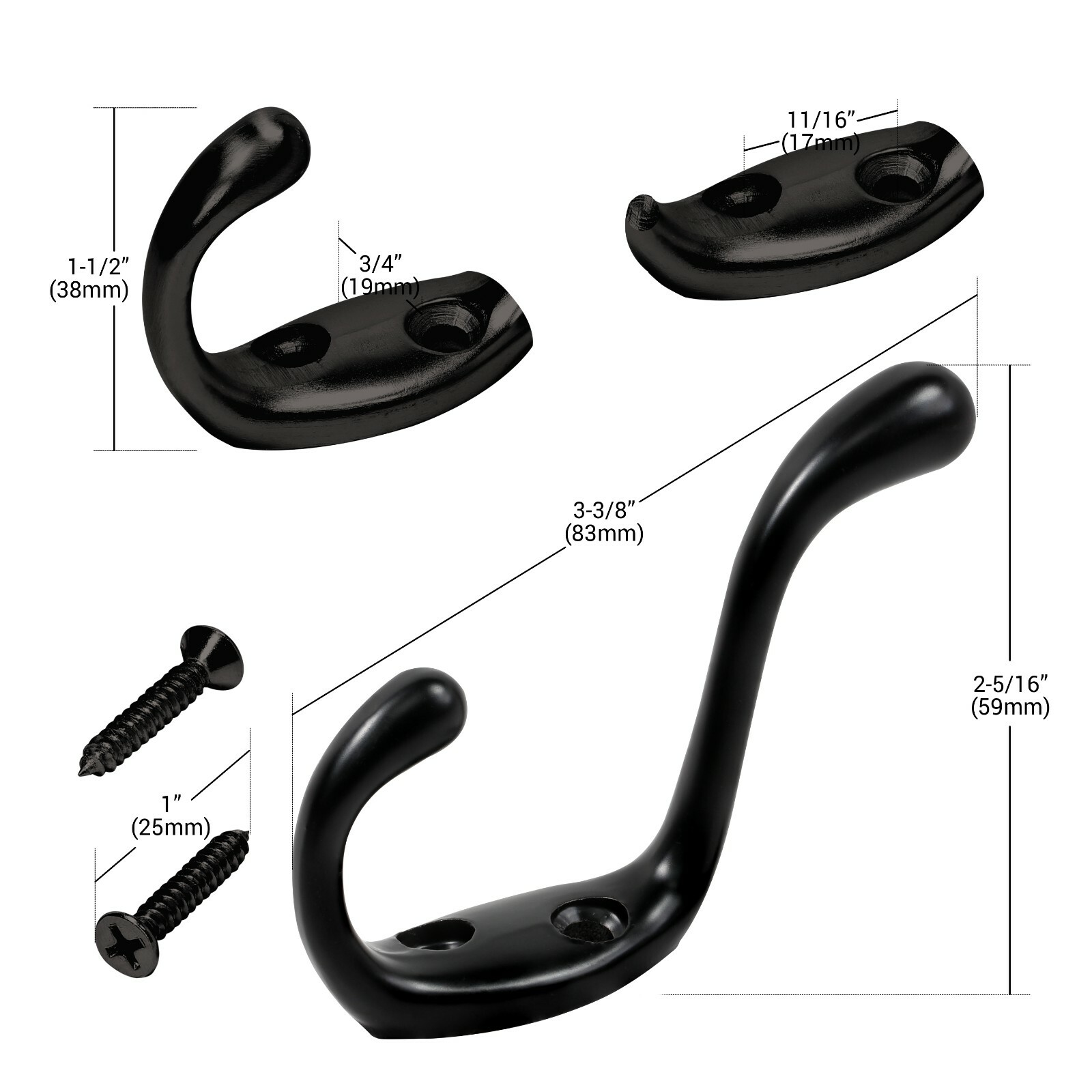 25 Pack Rok Heavy Duty Black Home Wall Closet Towel Coat Double Hook Hanger