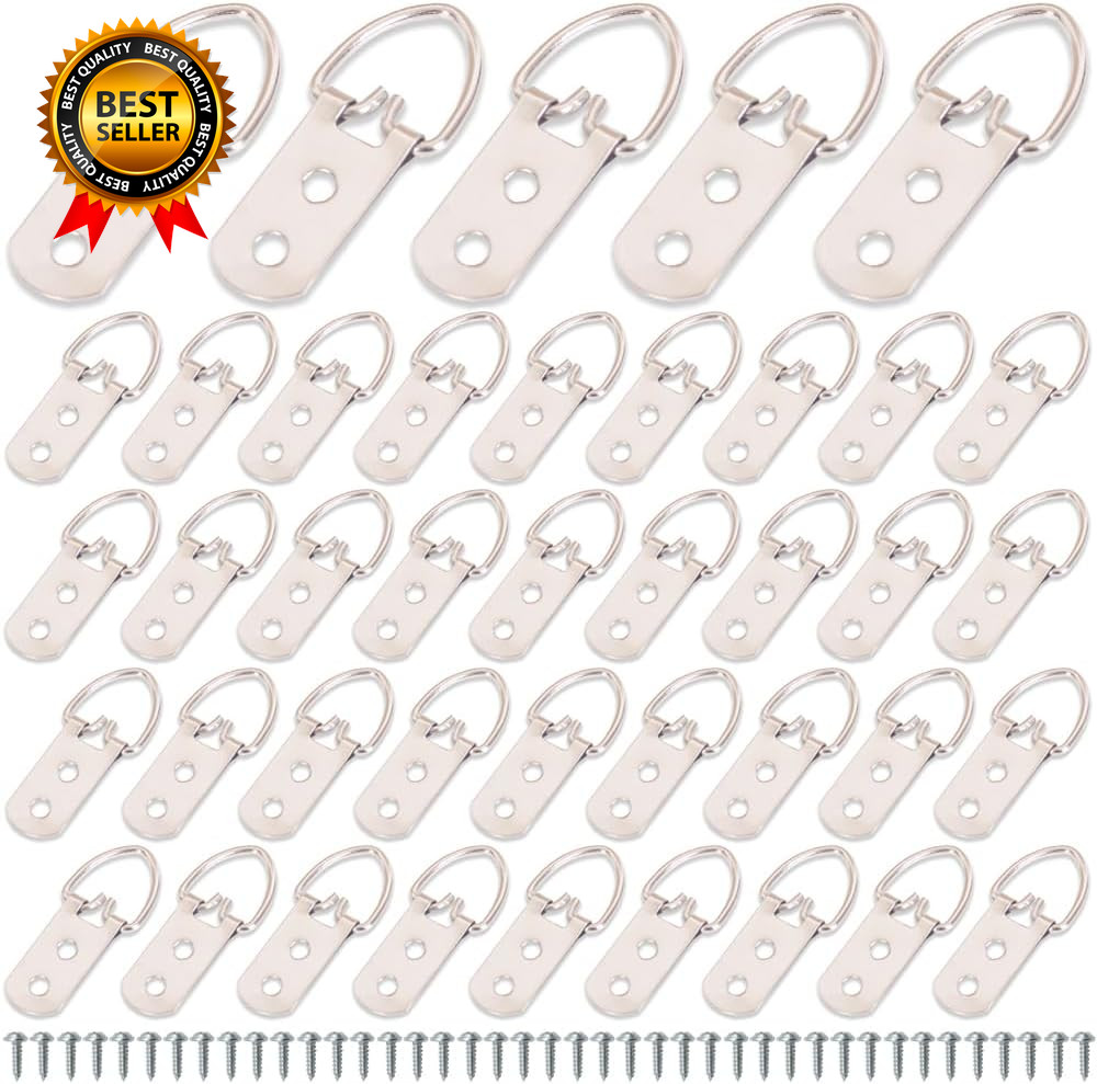 50 Pack Heavy Duty D-Ring Picture Hangers with Screws 2 Holes Metal Picture