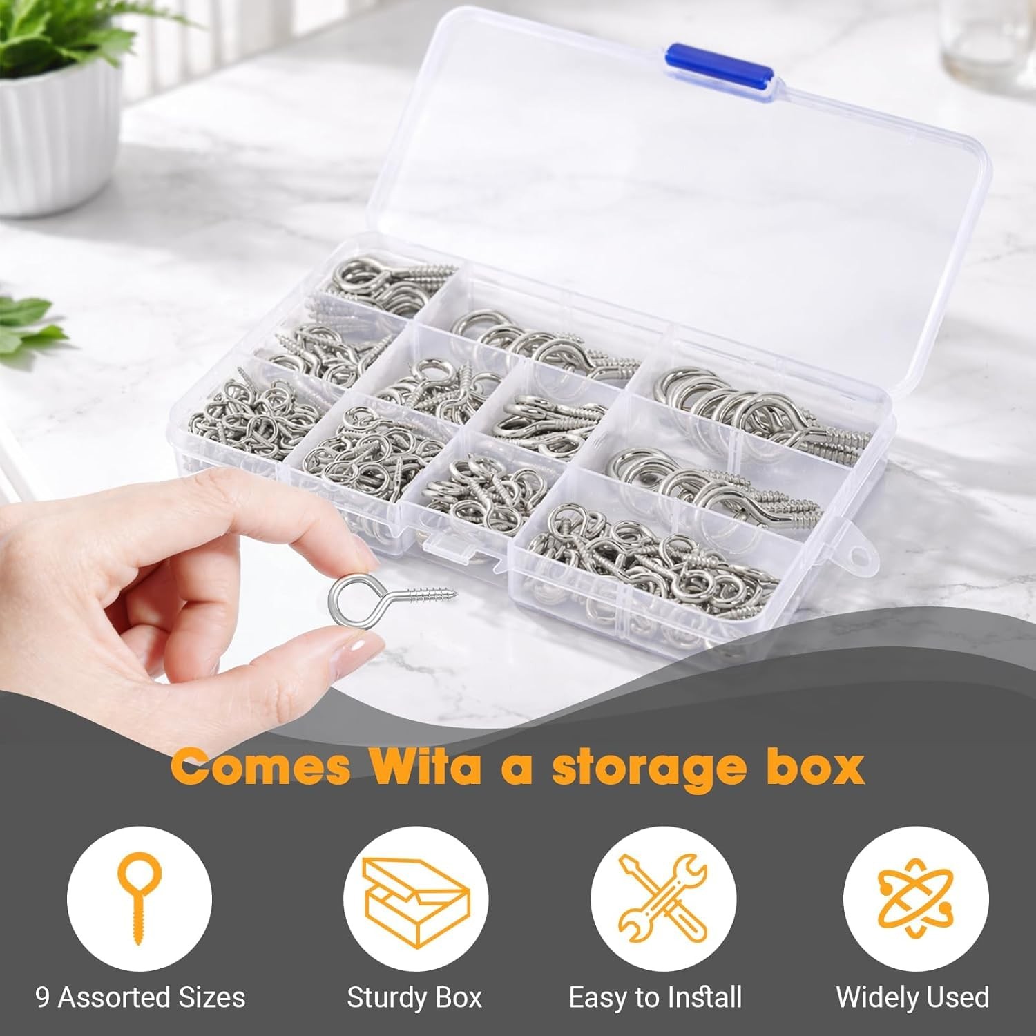 250Pcs Eye Screws, 9 Size 0.75″-1.75″ Eye Hooks Screw
