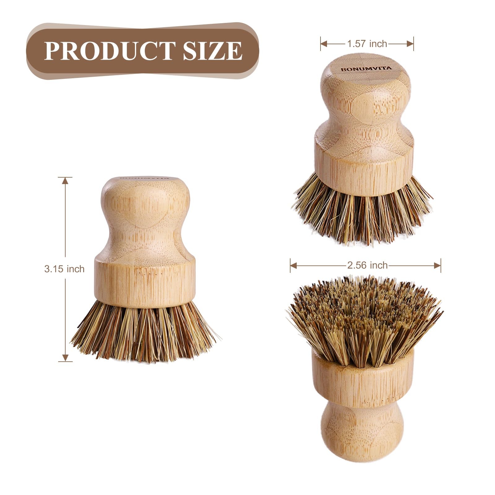 Bamboo Dish Brush Set,4 Pack Kitchen Palm Pot Brush with Union Fiber, Natural…
