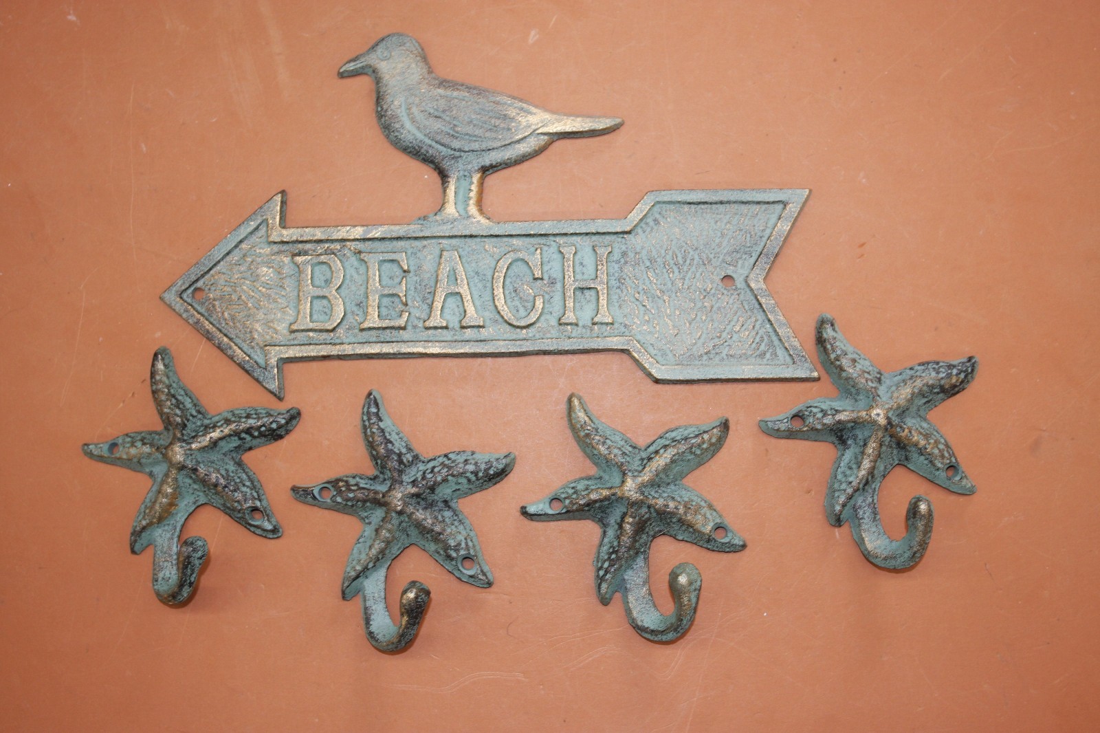 (5)BEACH DECOR, Seagull Design Beach Sign Wall Plaque and Starfish Wall Hooks,