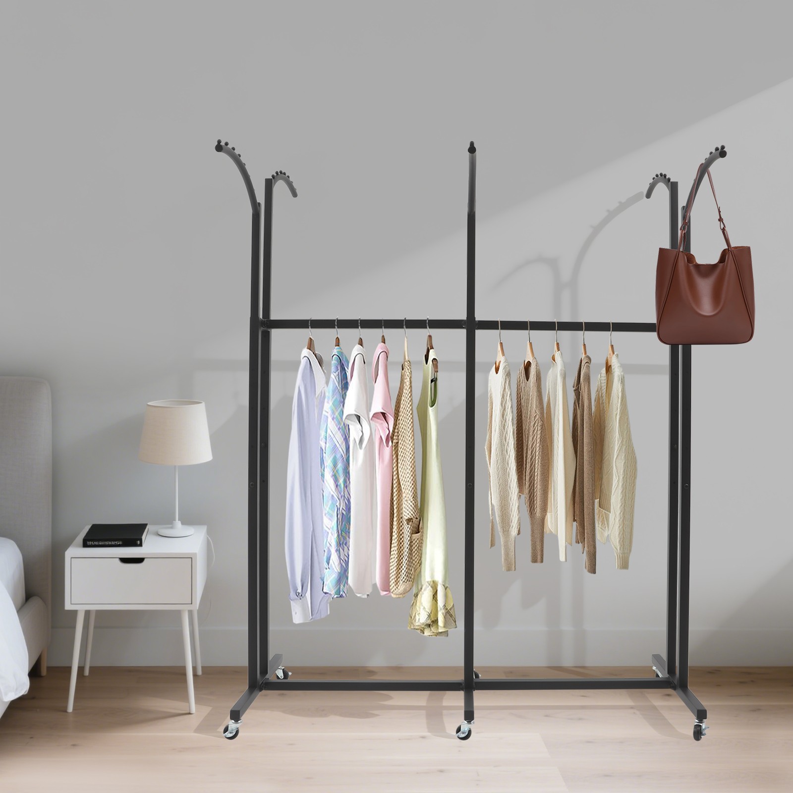 Black 6 Arms Clothing Display Rack With Wheels, 55.12-70.87in Adjustable Height