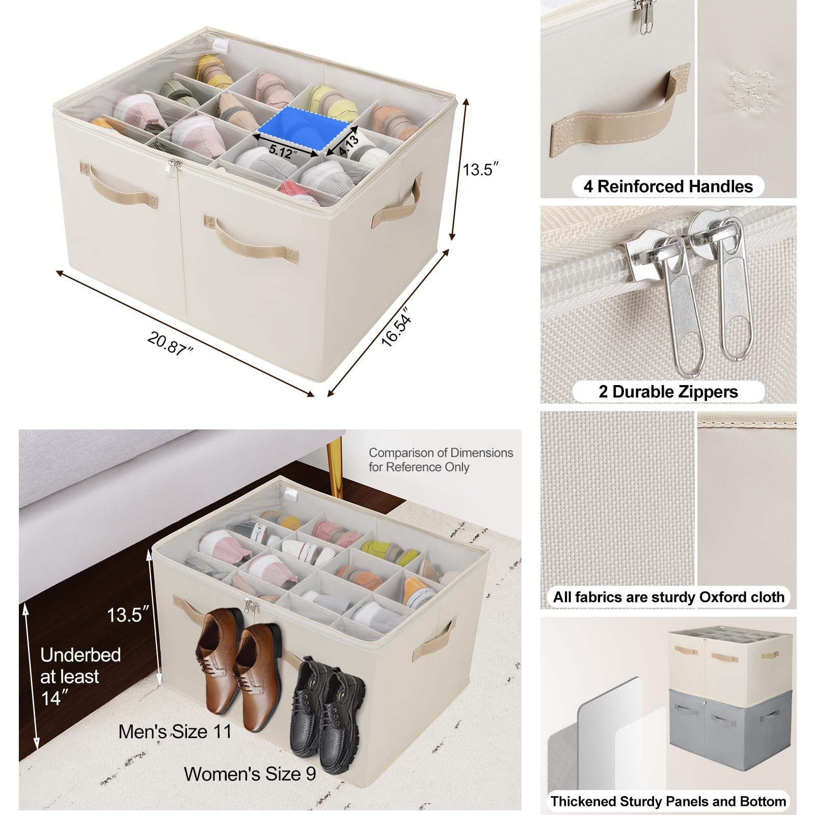TOPIA HOME Shoe Organizer for Large(20.87”L x 16.54”W x 13.5”H), Beige